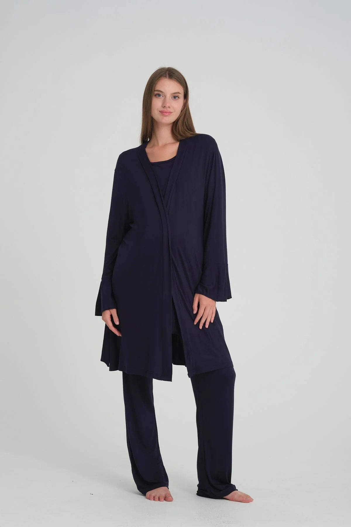 Sabahlıklı V Yaka Emzirme Özellikli Lohusa Pijama Takımı Lacivert - 532