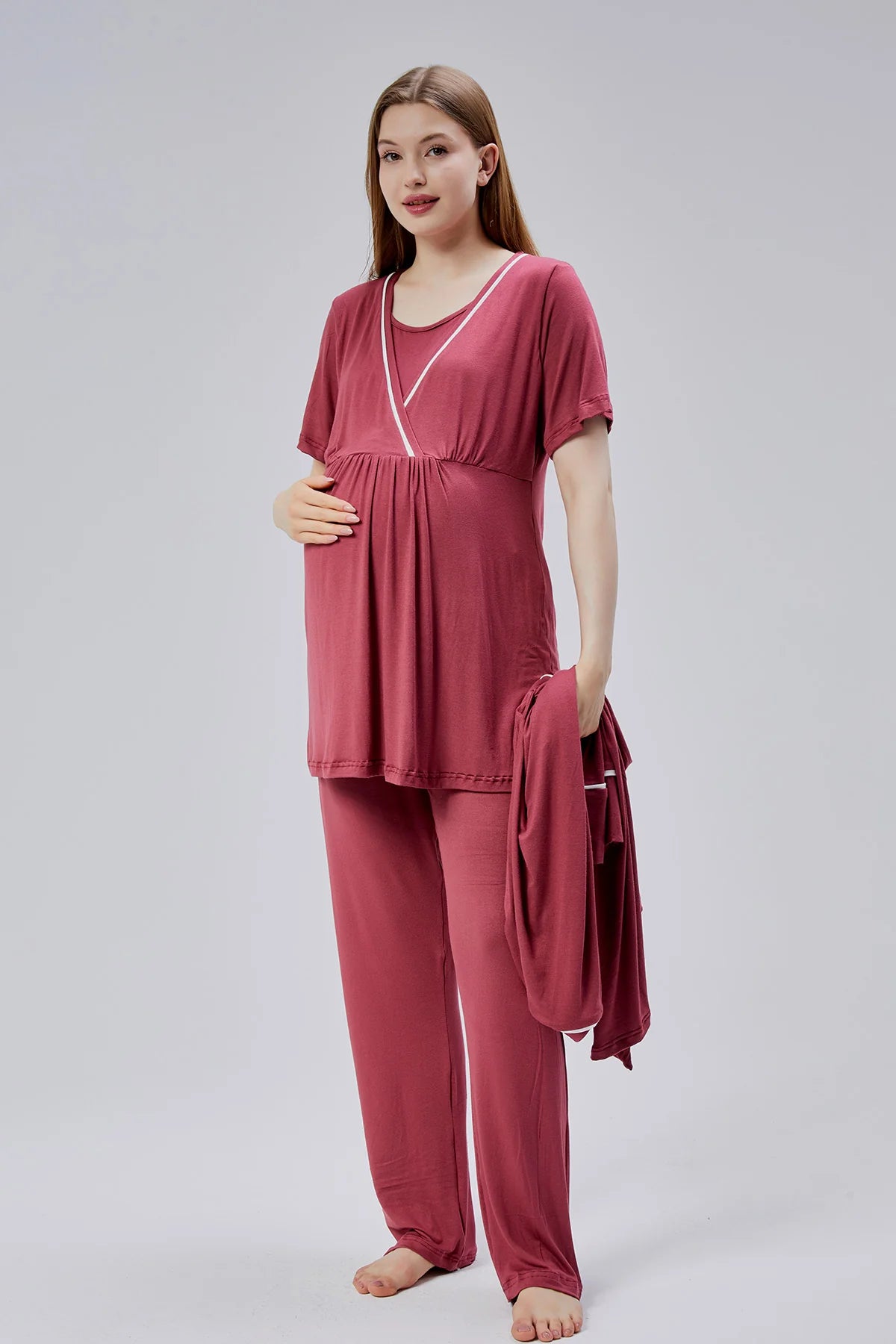 Gizli Emzirme Özellikli Biyeli Sabahlıklı Lohusa Hamile Pijama Takımı Kırmızı - 0810