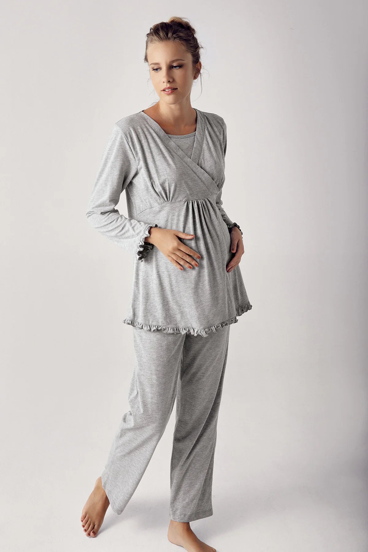 Gizli Emzirme Özellikli Uzun Kollu Lohusa Hamile Pijama Takımı - 13201 -1