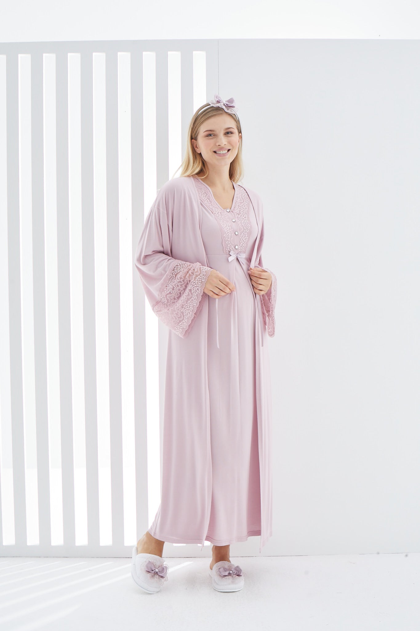 Volan Kol Dantel Detaylı Sabahlıklı Lohusa Hamile Gecelik -2269