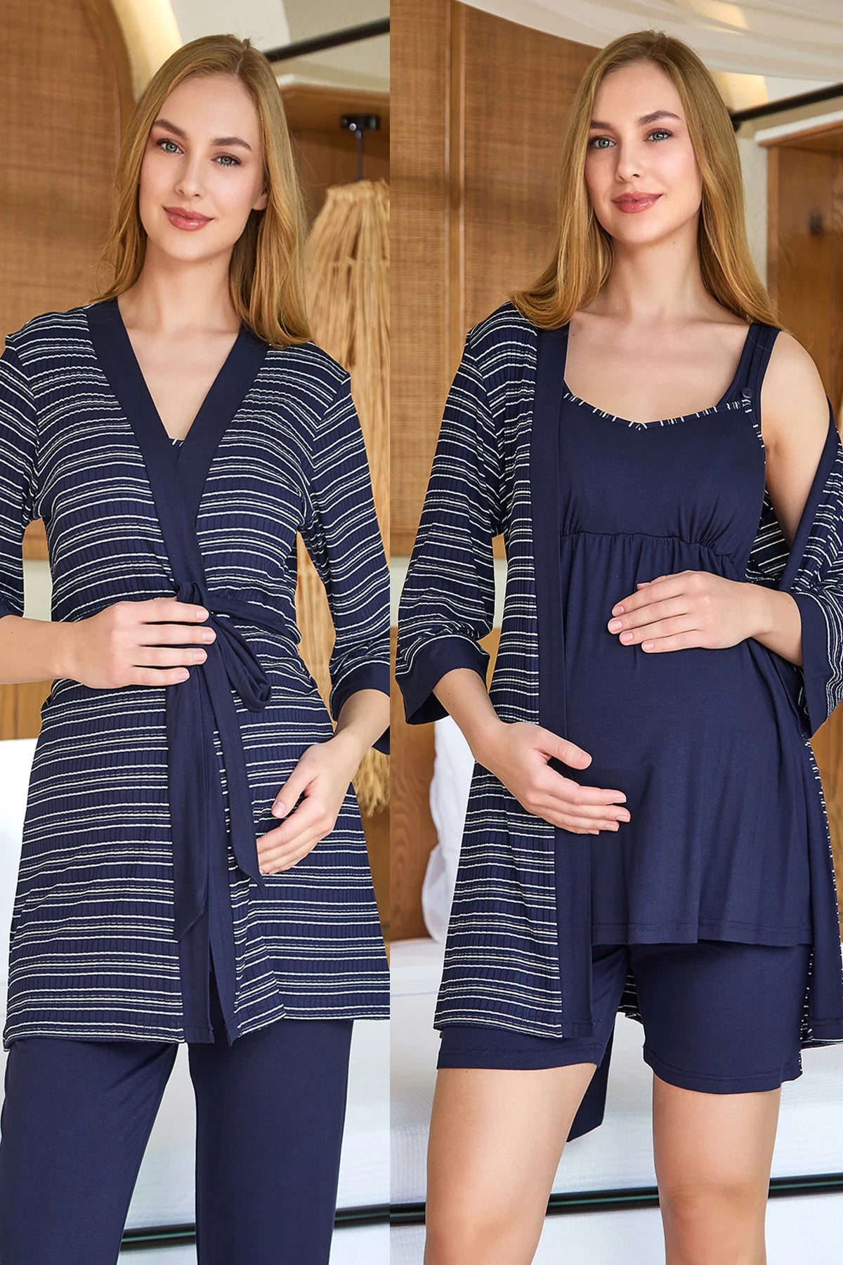 Çizgili Sabahlıklı Askılı 4'lü Pijama Takımı Lacivert - 25635