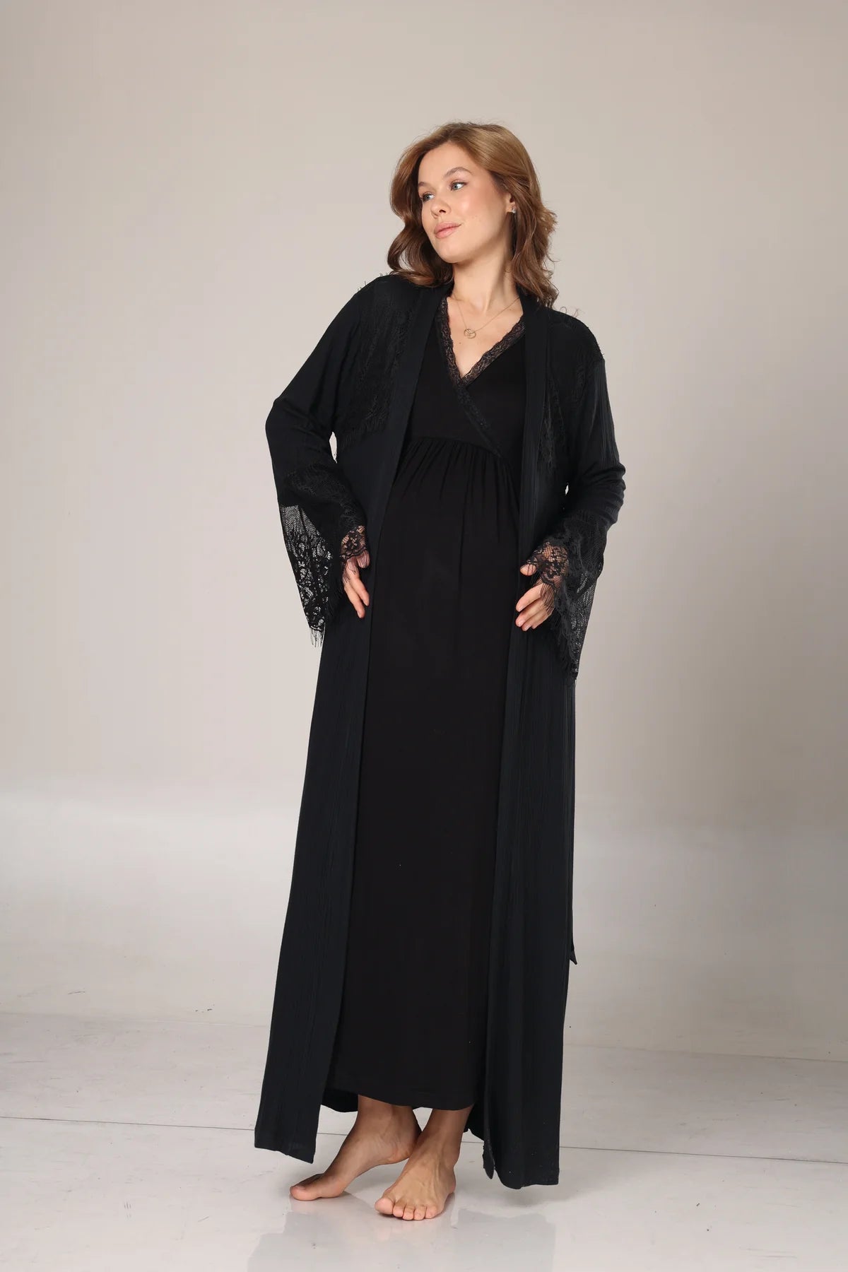 Kışlık Siyah Fitilli Dantel Detaylı Sabahlıklı Lohusa Gecelik Takımı -1006