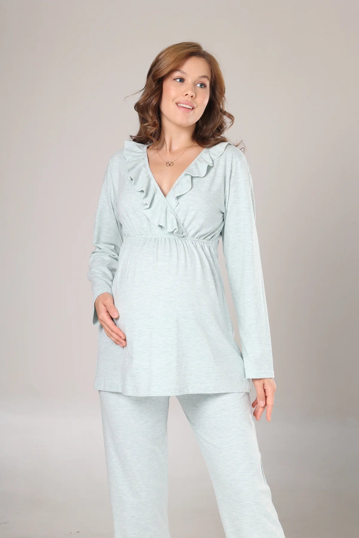 Uzun Kollu Yumuşak Dokulu Sabahlıklı Kruvaze Lohusa Pijama Takımı Mint - 1014
