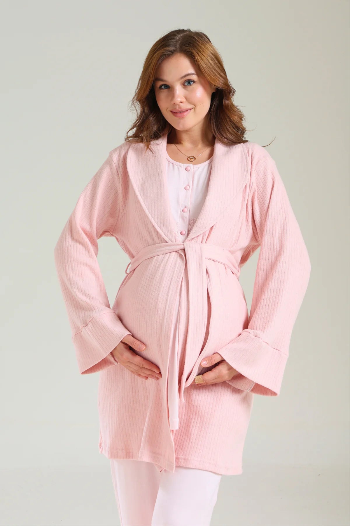 Yumuşak Dokulu Kışlık Önden Düğmeli Sabahlıklı Lohusa Hamile 3'Lü Pijama Takımı Pembe -1036