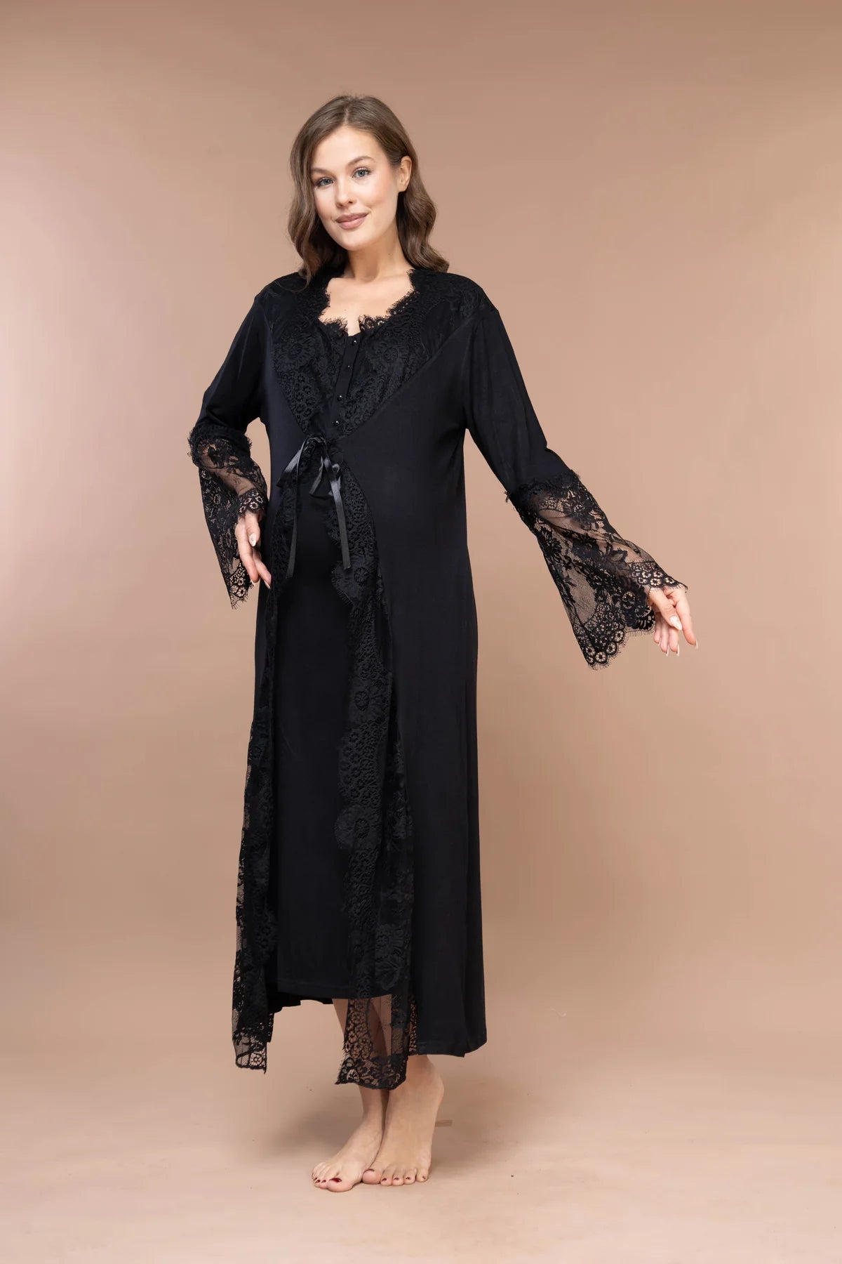 Dantelli Kol Sabahlıklı Dantelli Lohusa Hamile Gecelik Takımı Siyah - 2395