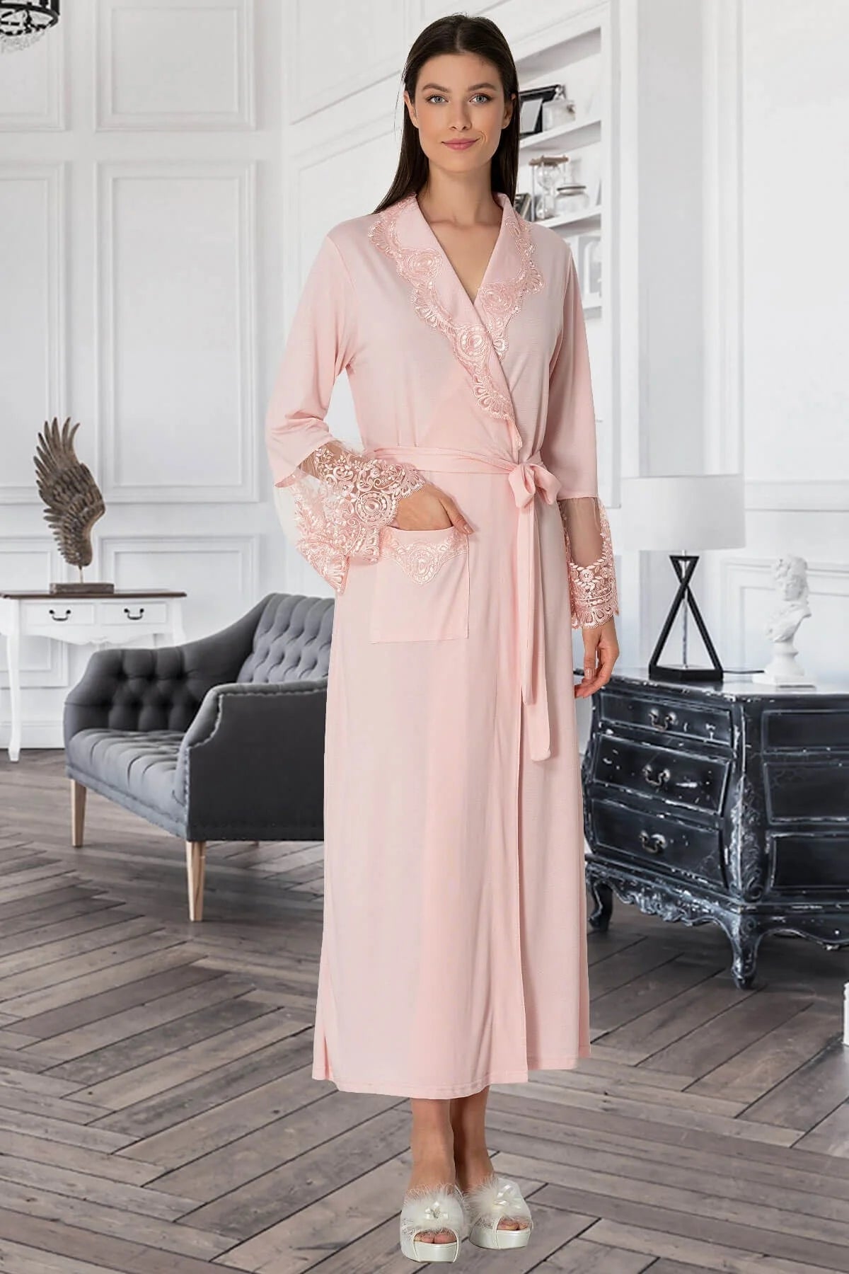 Dantelli Kuşaklı Lohusa Hamile Sabahlık Pudra - 5342