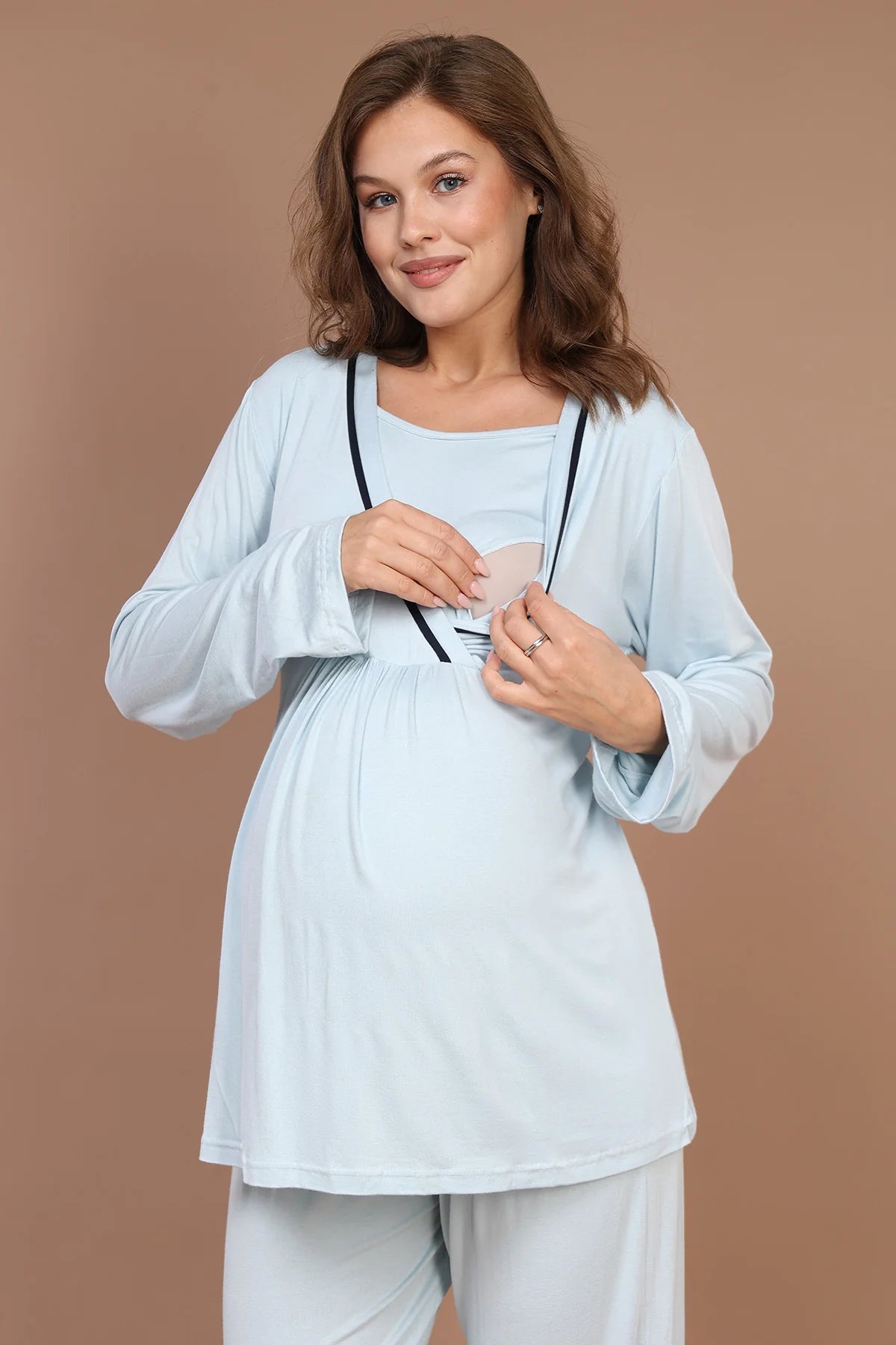 Kruvaze Biyeli Sabahlıklı Lohusa Hamile Pijama Takımı Mavi- 547