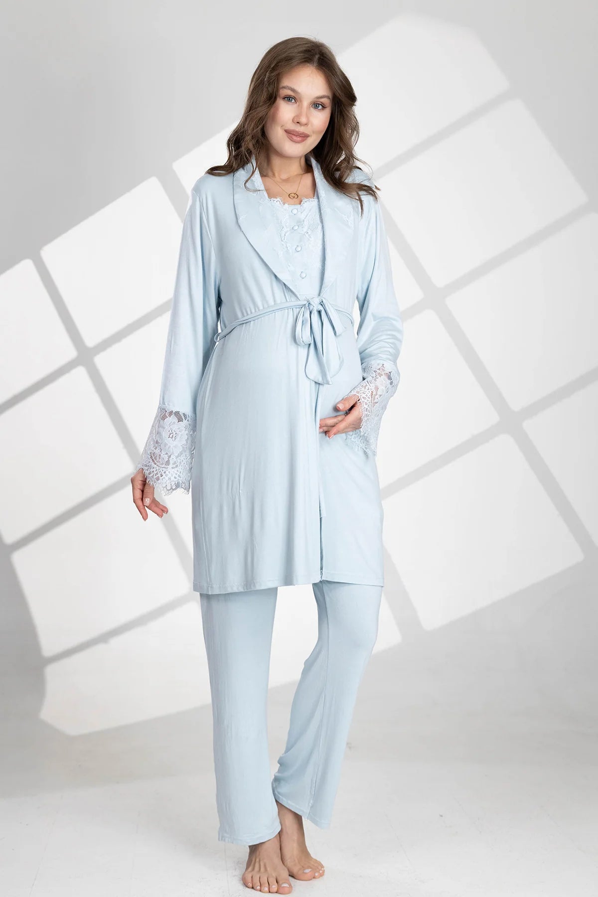 Önden Düğmeli Dantelli Sabahlıklı Lohusa Hamile Pijama Takımı Mavi - 560