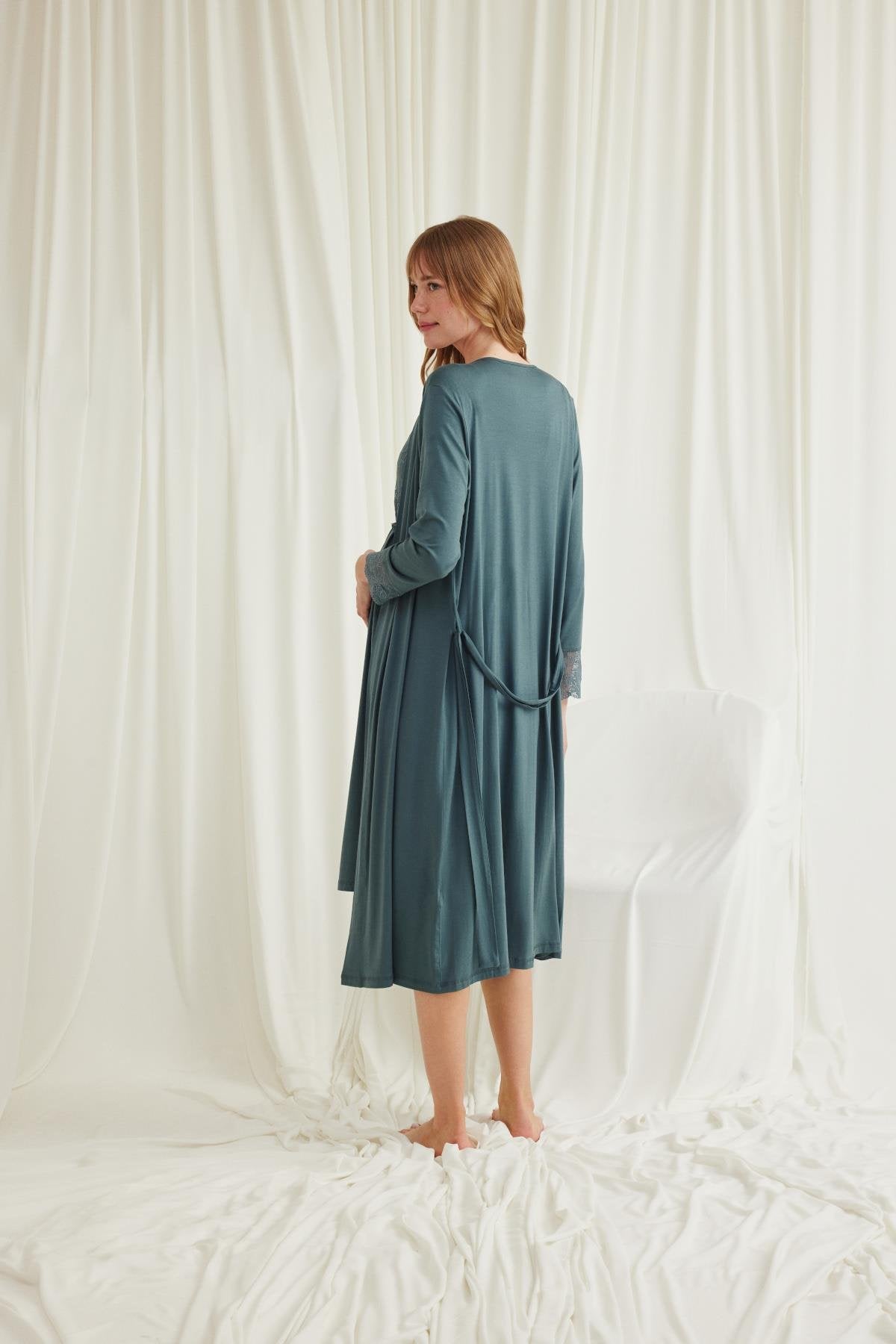 Önden Düğmeli Dantelli Sabahlıklı Lohusa Hamile Gecelik Takımı - 18534