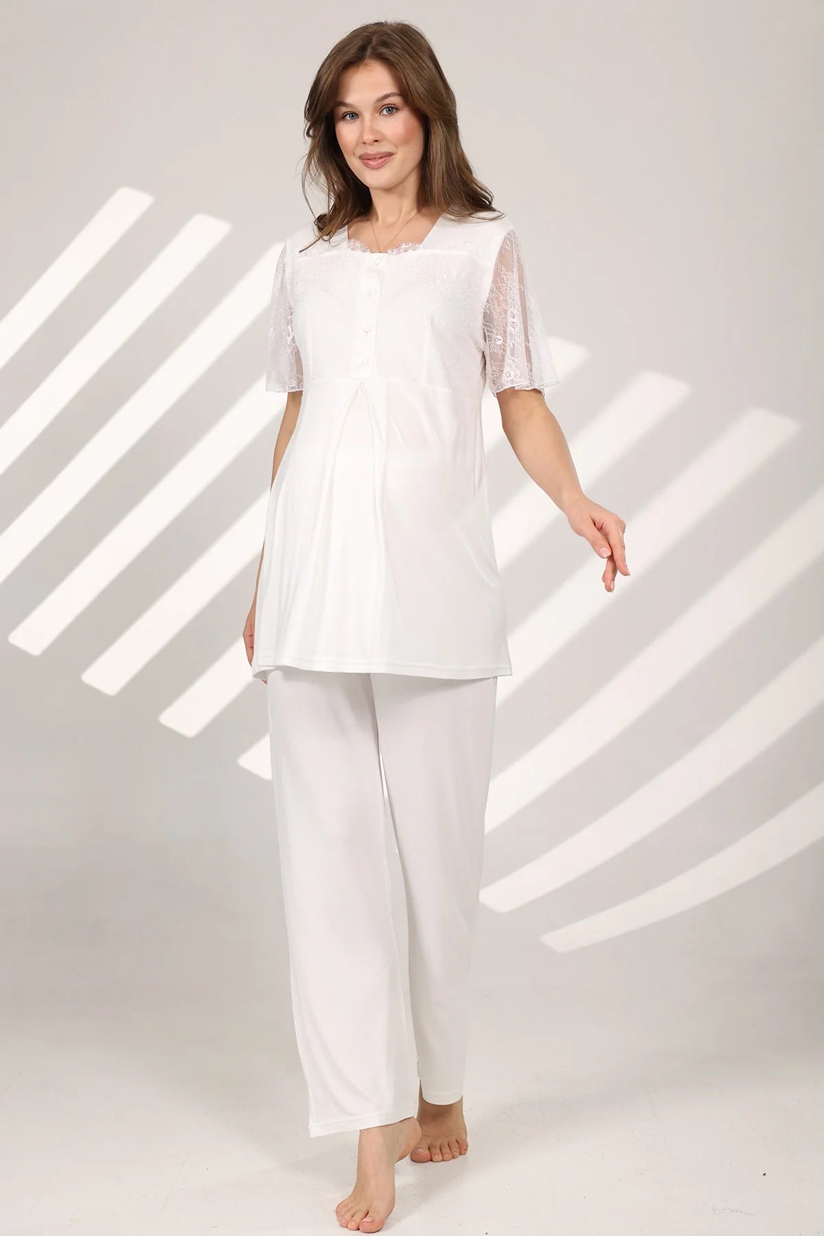 Dantel Yaka Önden Düğmeli Sabahlıklı Lohusa Hamile Pijama Takımı Ekru - 577