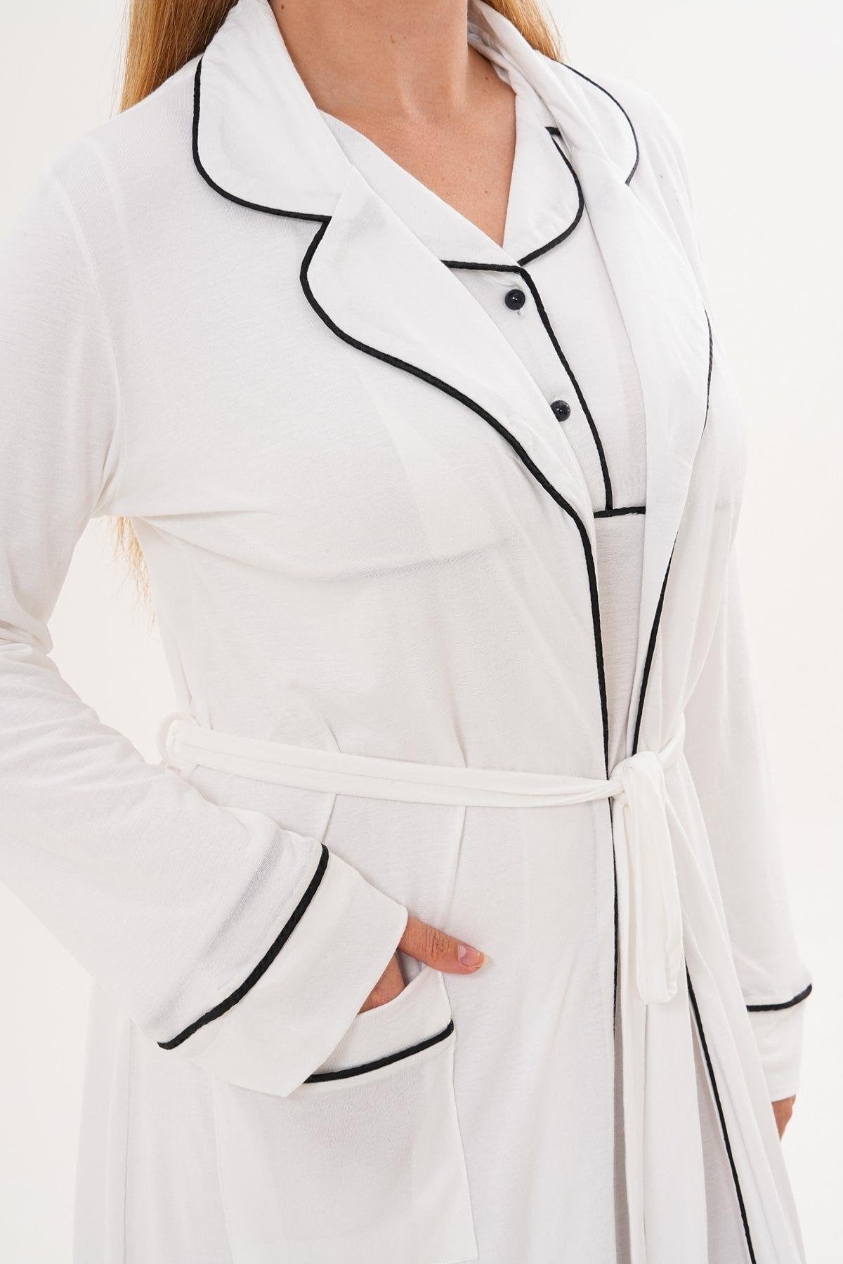 Sabahlık Gecelik Pijama 4'lü Set Ekru - 6335