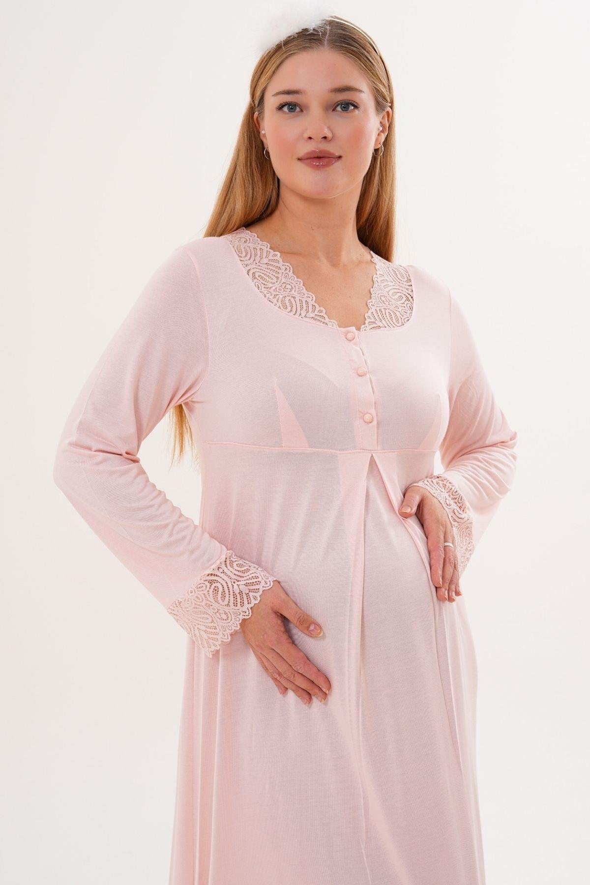 Önden Düğmeli Midi Boy Lohusa Hamile Gecelik Pudra - 6305