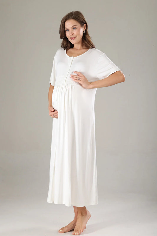 Önden Düğmeli Çiçekli Sabahlıklı Lohusa Hamile Gecelik Takımı Pembe - 812