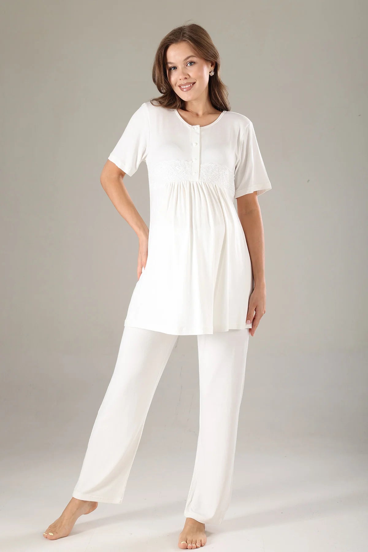 Önden Düğmeli Çiçekli Sabahlıklı Lohusa Hamile Pijama Takımı Lila - 815