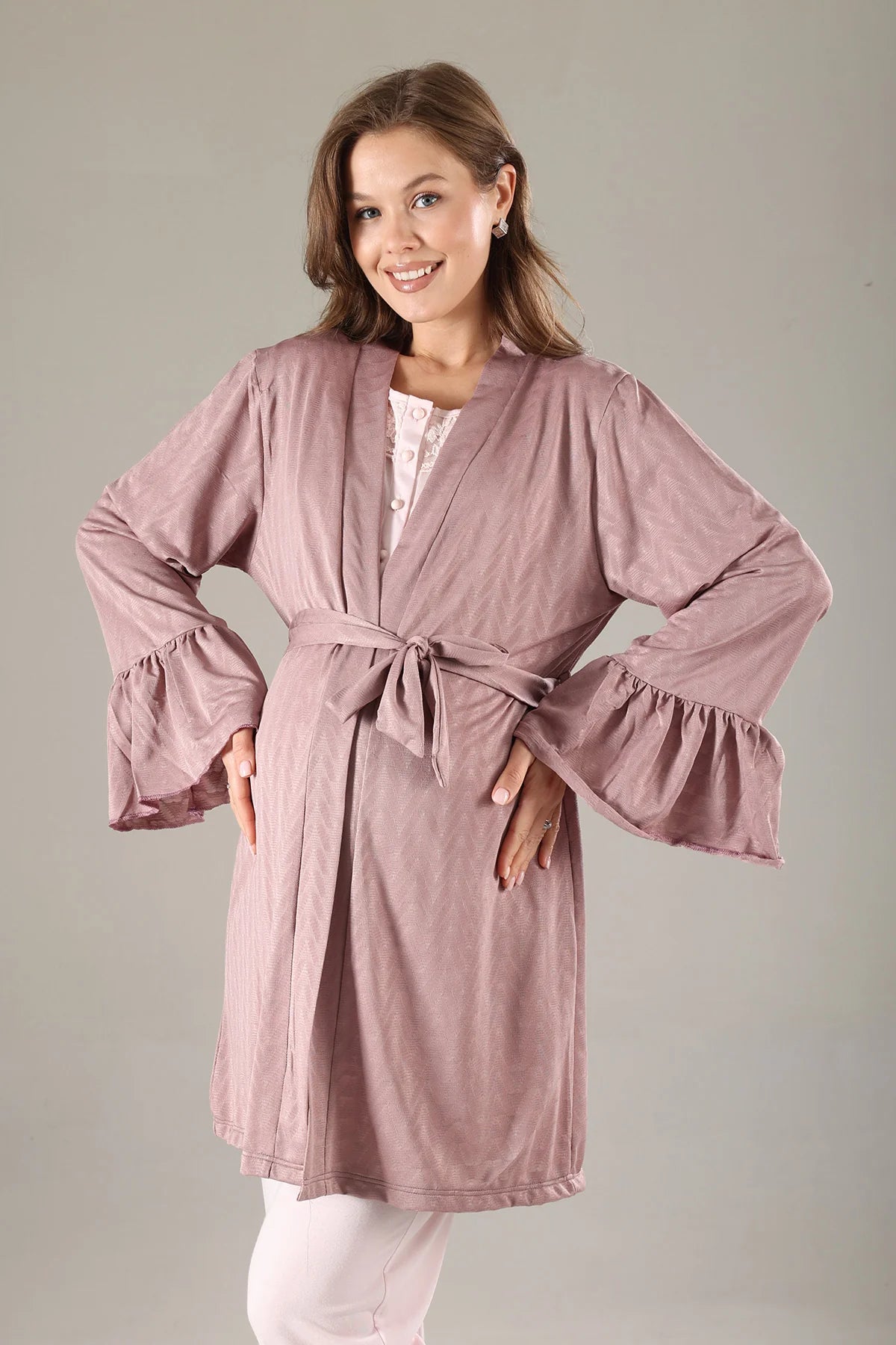 Önden Düğmeli Dantel Yaka Sabahlıklı Lohusa Hamile Pijama Takımı Gülkurusu - 817