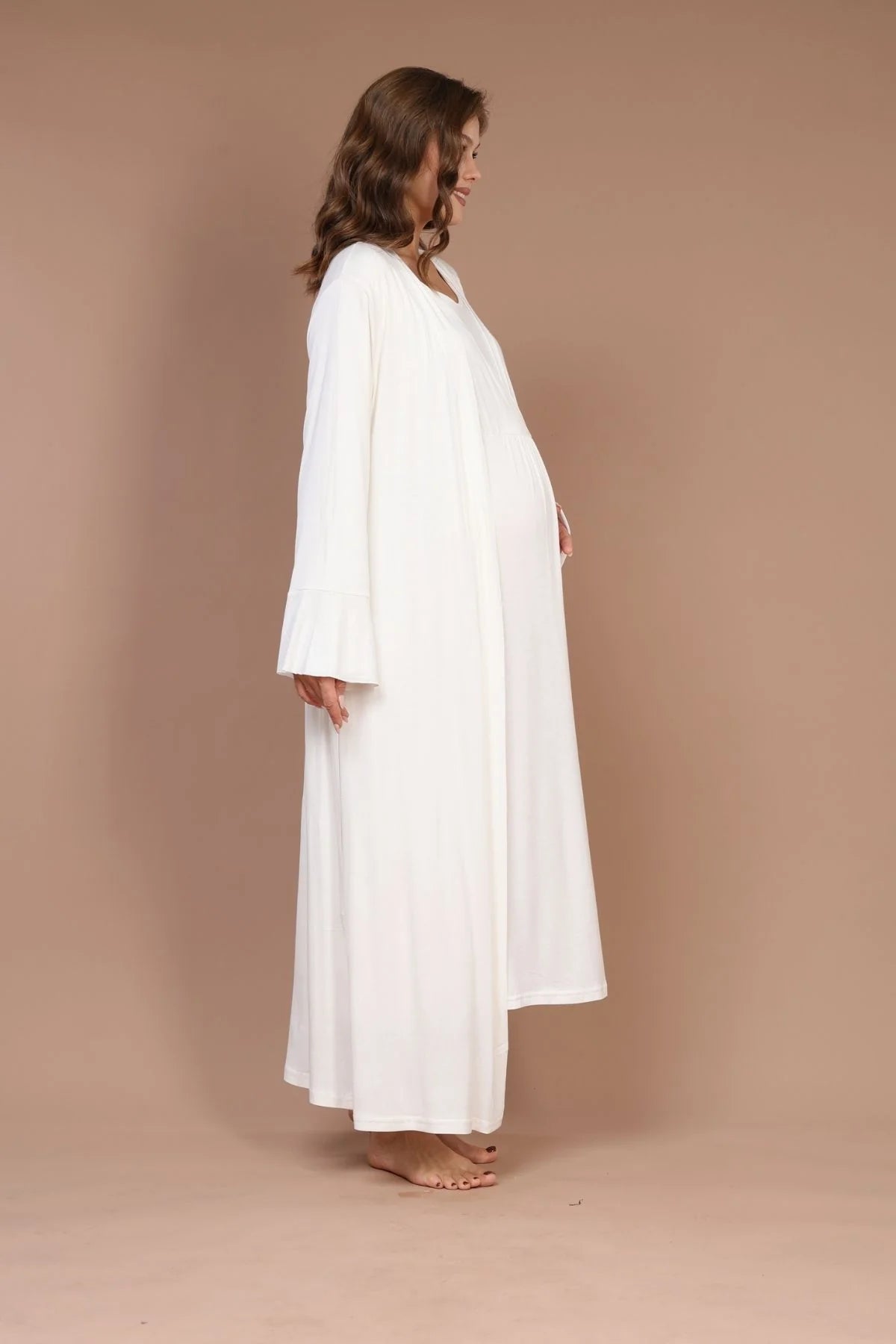 Emzirme Özellikli Sabahlıklı Lohusa Hamile Gecelik Takımı Ekru - 621