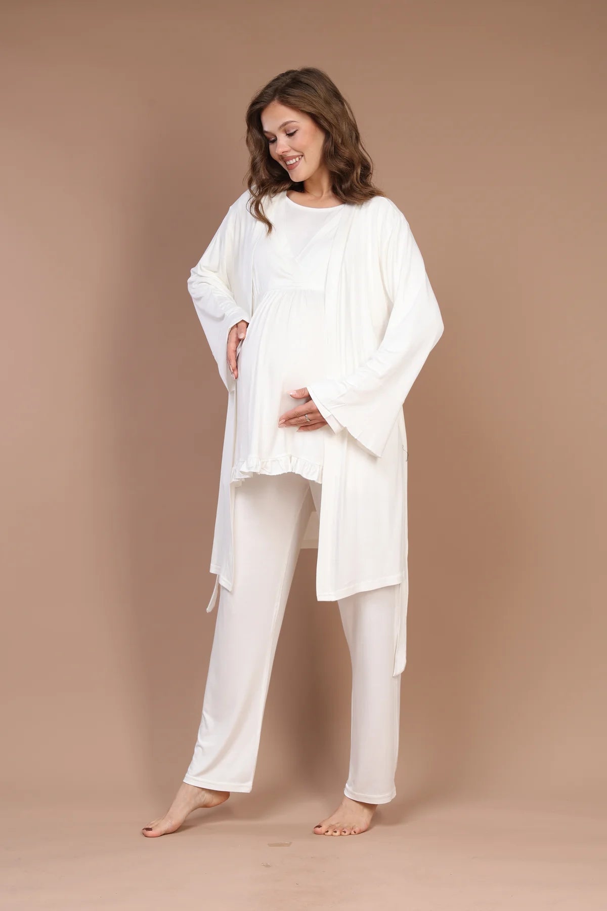 Kruvaze Uzun Kollu Lohusa Hamile 3'Lü Pijama Takımı Ekru - 624