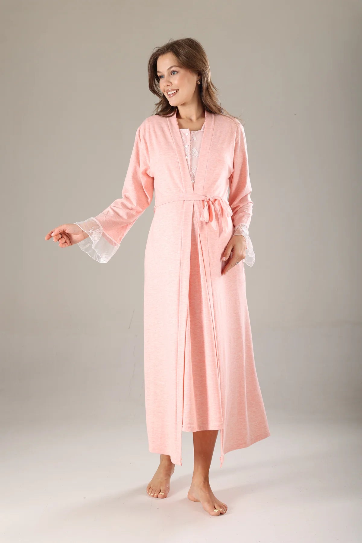 Pembe Melanj Dantel Tasarımlı Sabahlıklı Lohusa Gecelik Takımı - 803