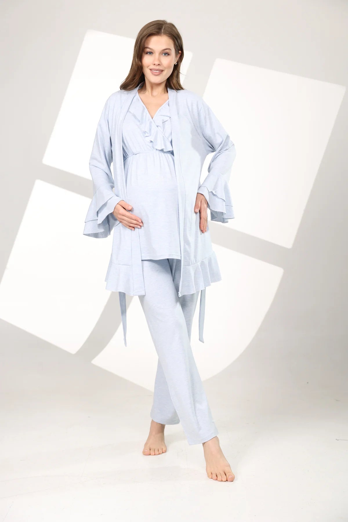 Yumuşak Dokulu Sabahlıklı Kruvaze Lohusa Hamile Pijama Takımı Mavi- 585