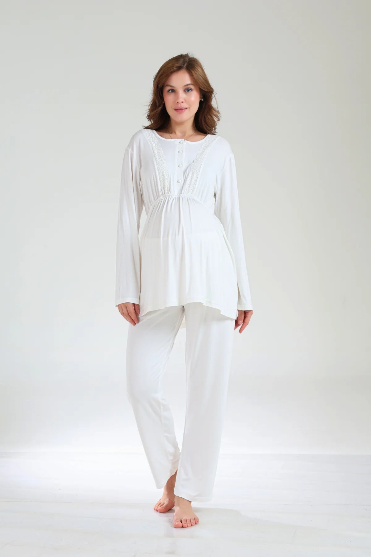 Jakarlı Kışlık Pamuklu Sabahlıklı 3'Lü Lohusa Hamile Pijama Takımı Ekru-1035