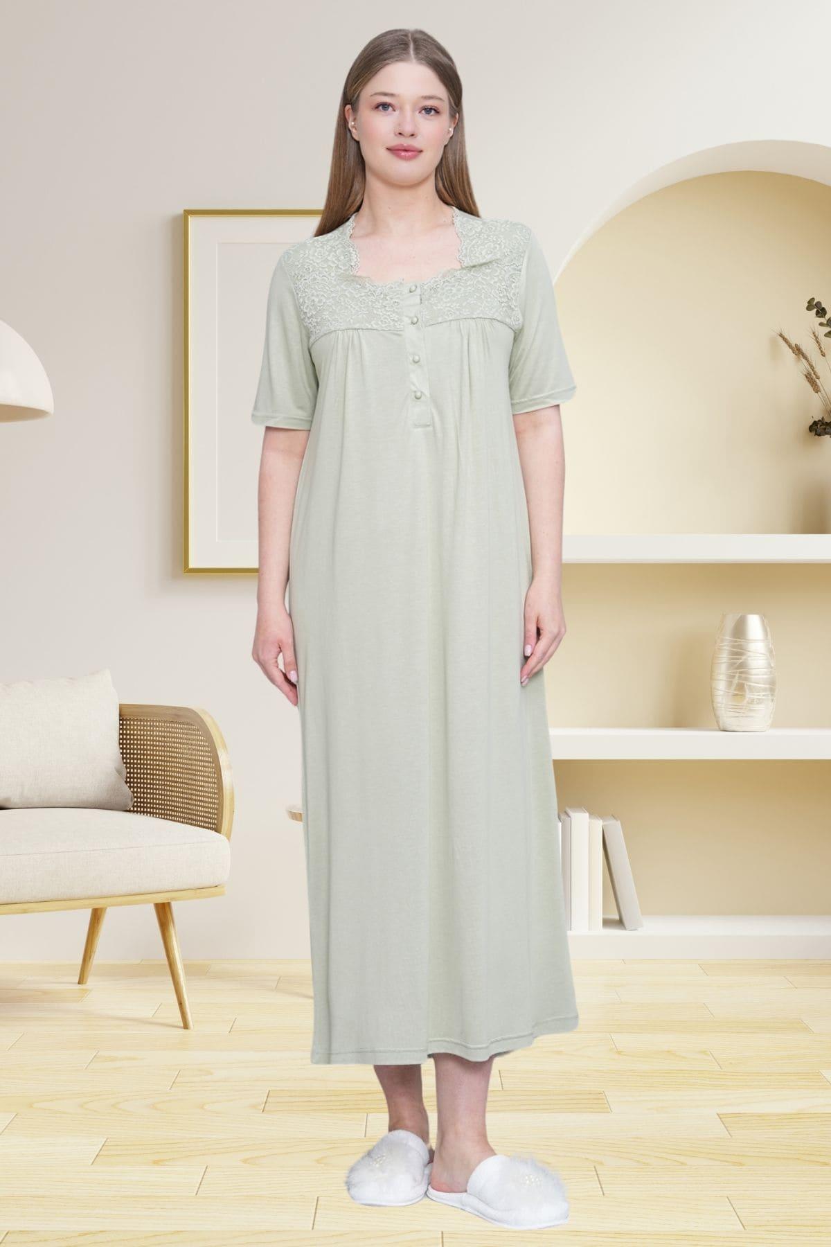 Önden Düğmeli Midi Boy Büyük Boy Lohusa Hamile Gecelik Yeşil - 6049