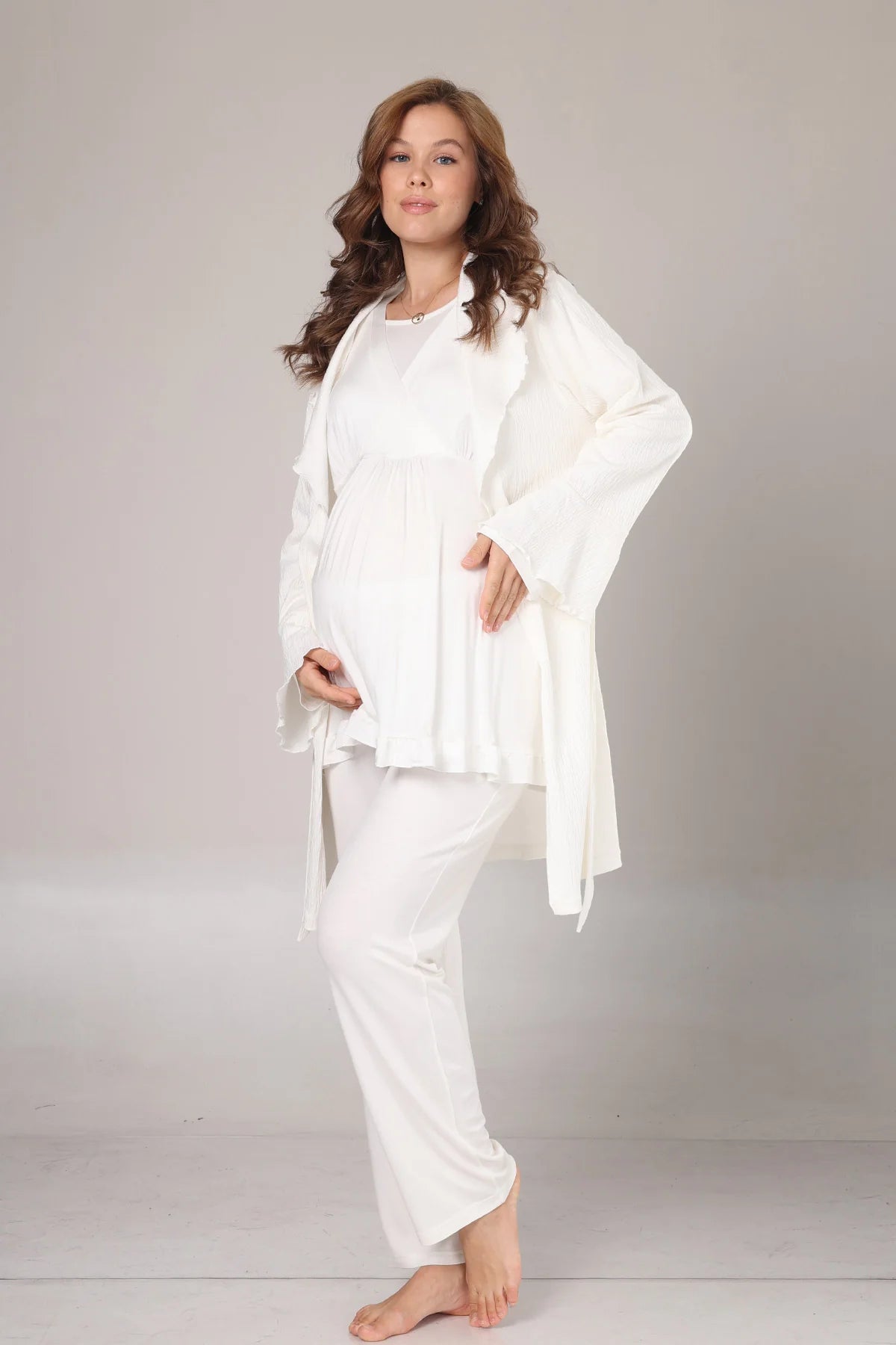 Uzun Kollu Jakar Sabahlıklı Lohusa Hamile Pijama Takımı Ekru -1030