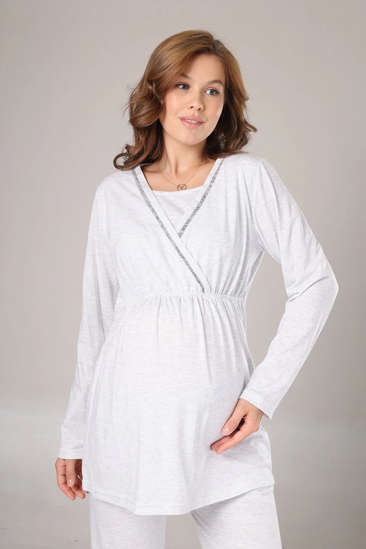 Kışlık Polar Sabahlıklı Lohusa Hamile Pijama Takımı Gri - 1019