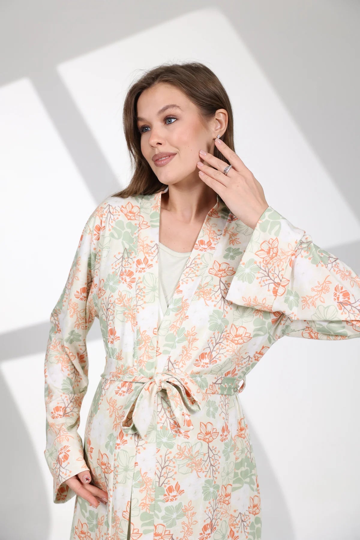 Çiçek Desenli Sabahlıklı Lohusa Hamile Gecelik Takımı Mint Yeşili - 704