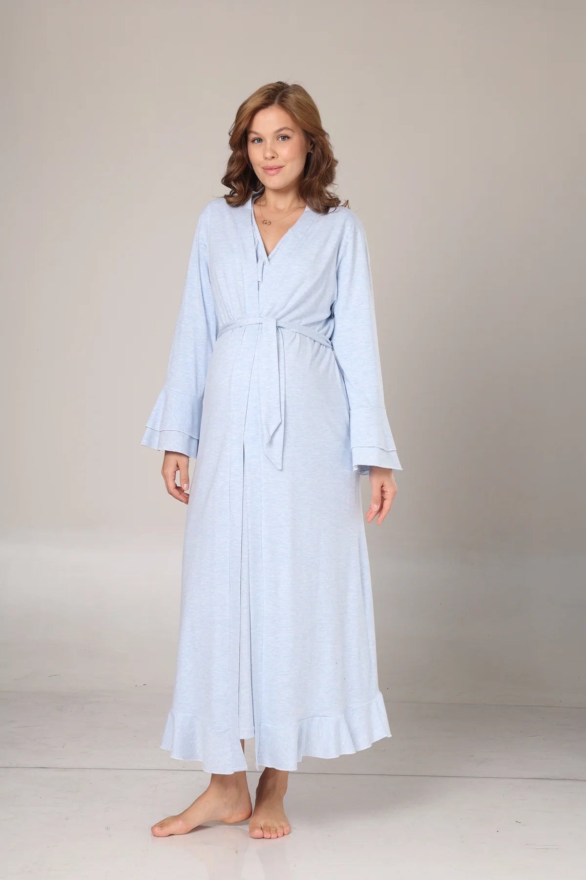 Uzun Kollu Yumuşak Dokulu Kruvaze Sabahlıklı Lohusa Gecelik Takımı Mavi -1029