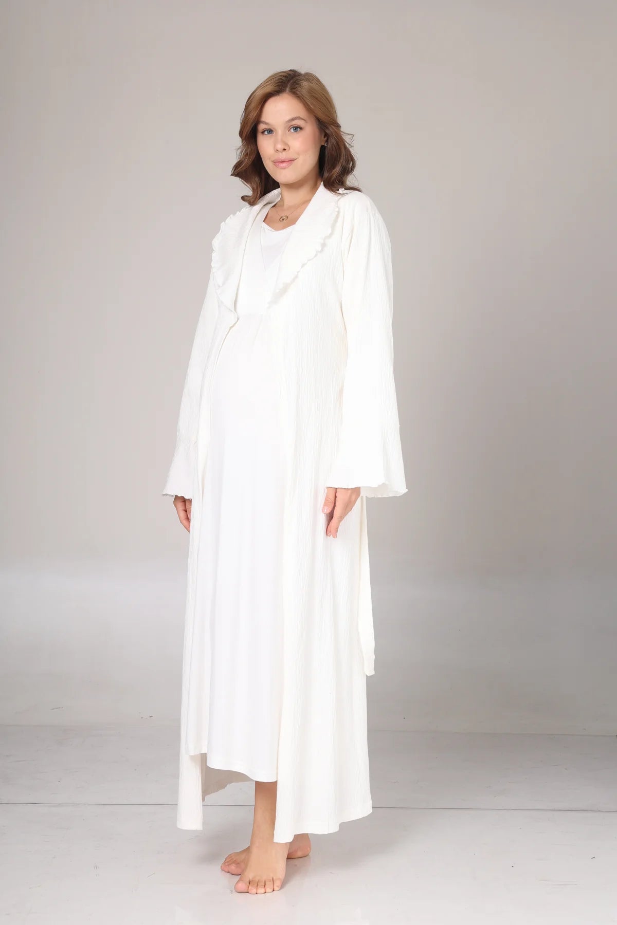 Jakar Sabahlıklı Uzun Kol Yumuşak Dokulu Lohusa Hamile Gecelik Takımı Ekru - 1031