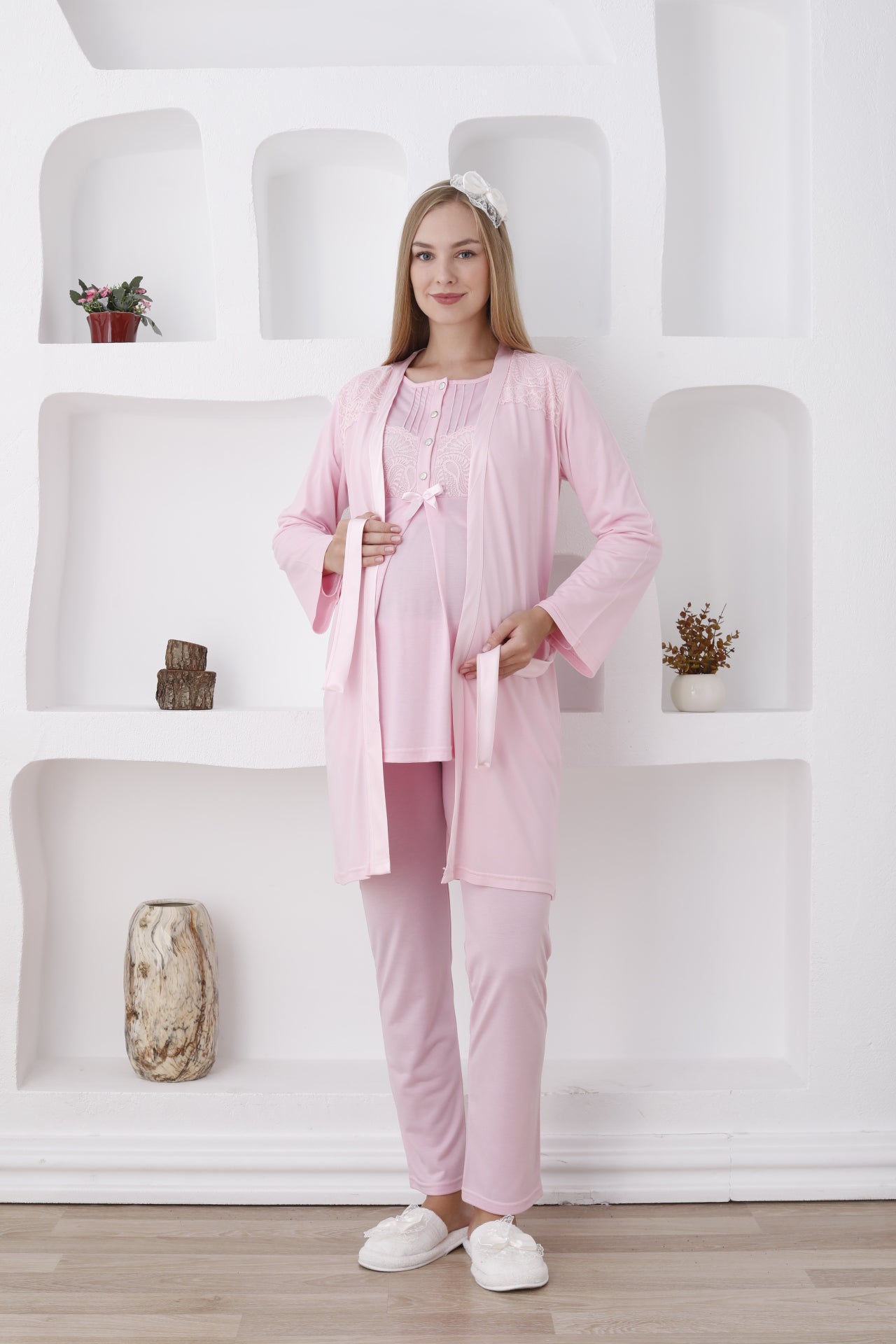 Önden Düğmeli Dantelli Sabahlıklı Lohusa Pijama Takımı - 3423