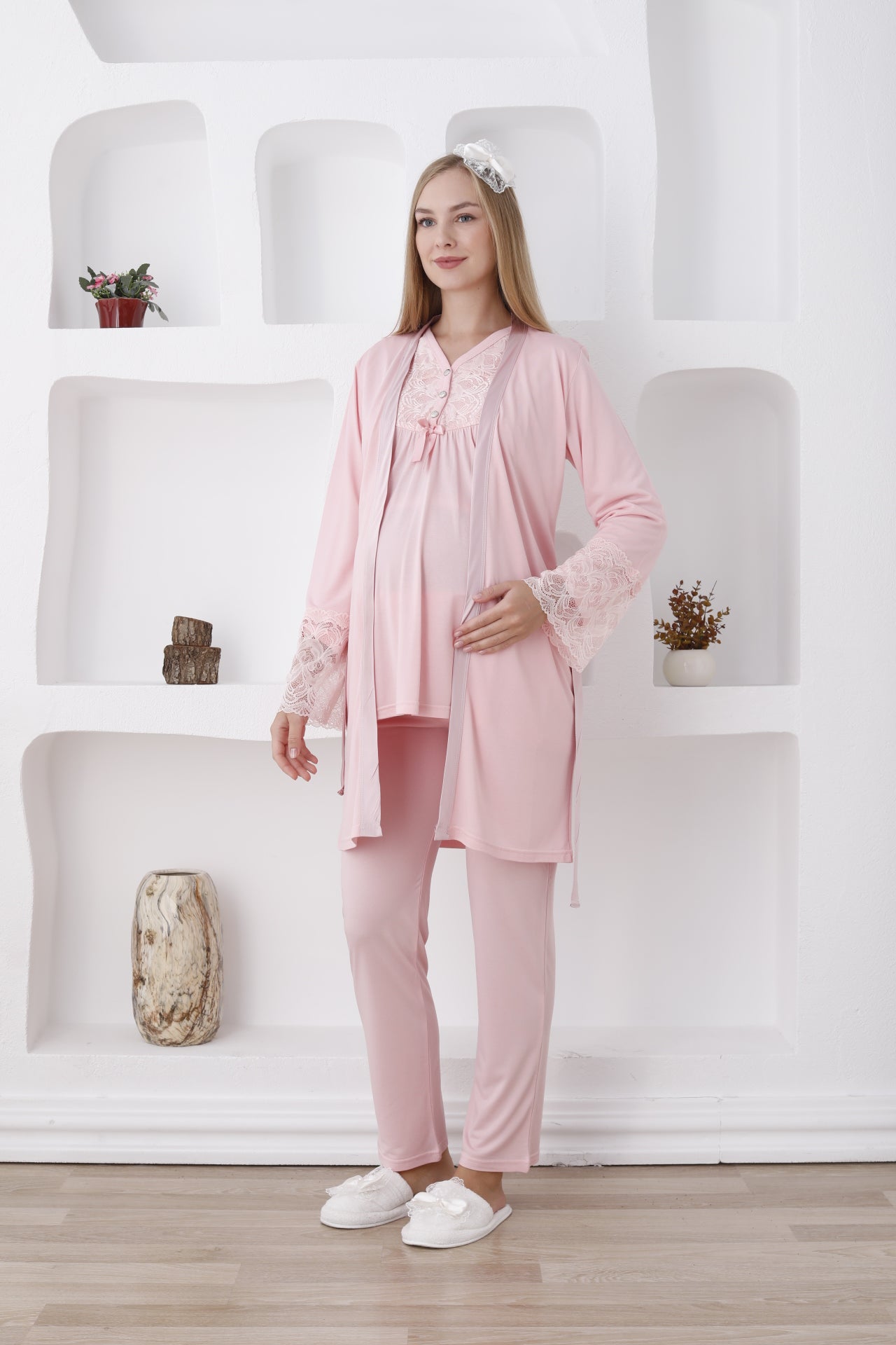 Dantel Detaylı Önden Düğmeli Sabahlıklı Lohusa Hamile Pijama Takımı - 3424