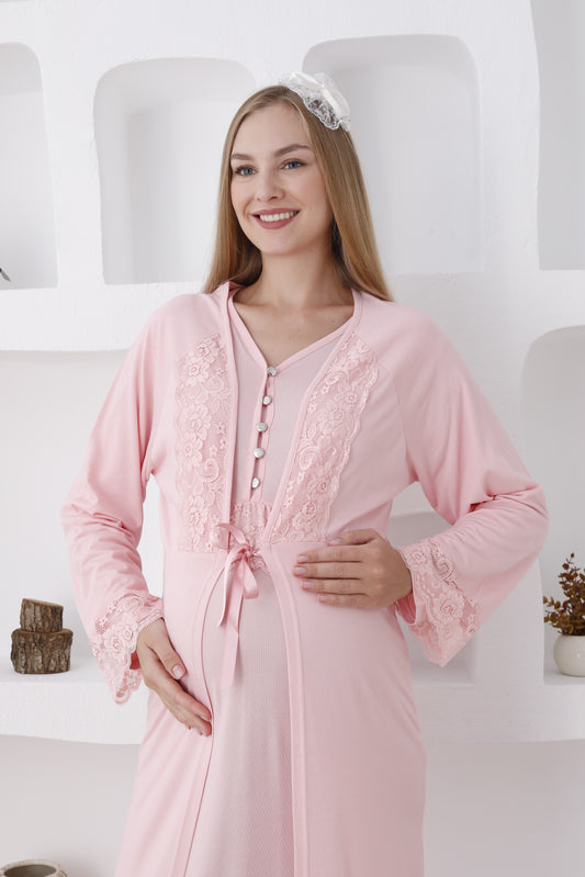 Güpürlü Sabahlıklı Lohusa Gecelik Takımı - 2285