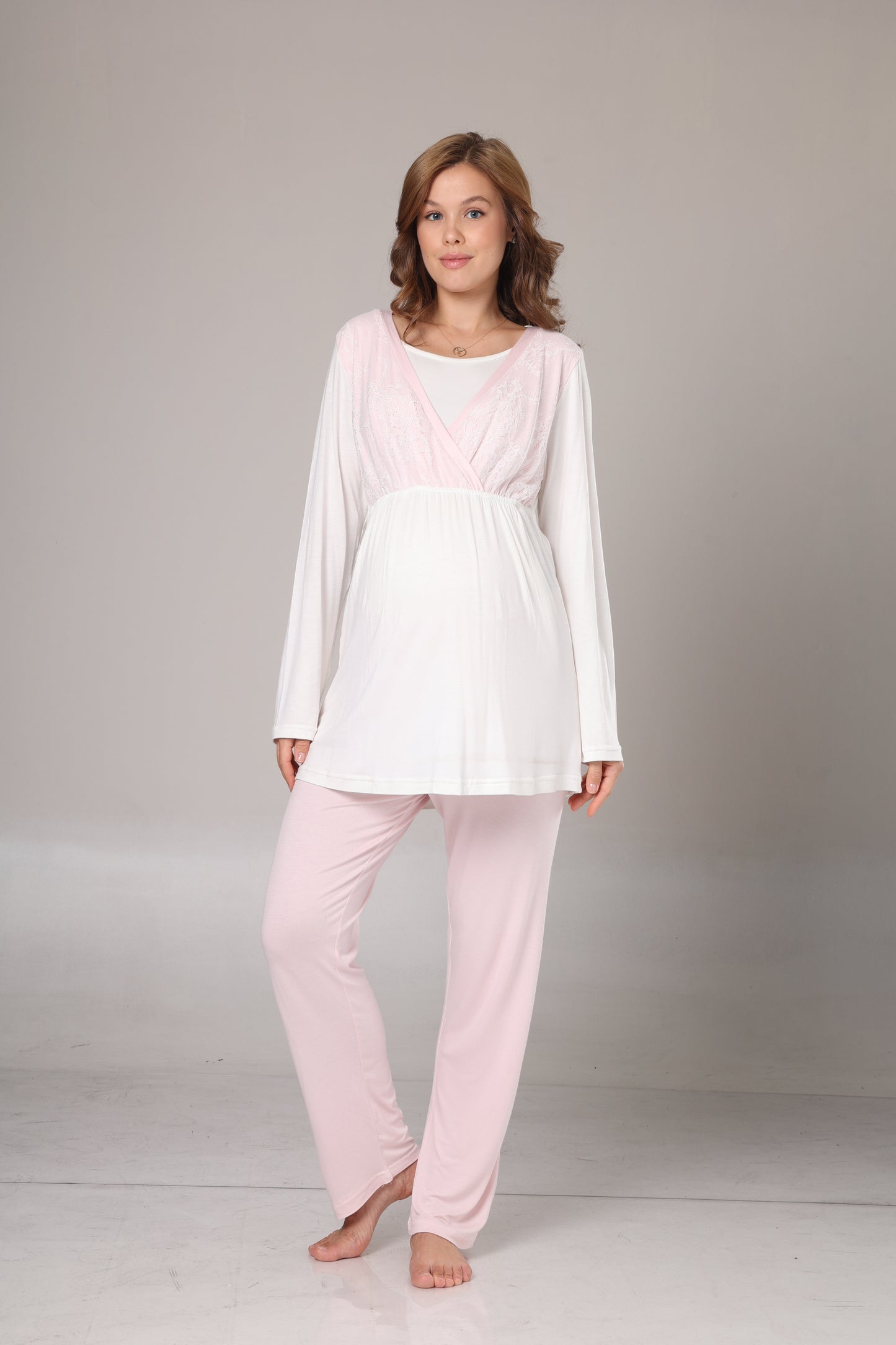 Kışlık Pamuk Sabahlıklı Kruvaze Yaka Lohusa Pijama Takımı Pembe - 1000