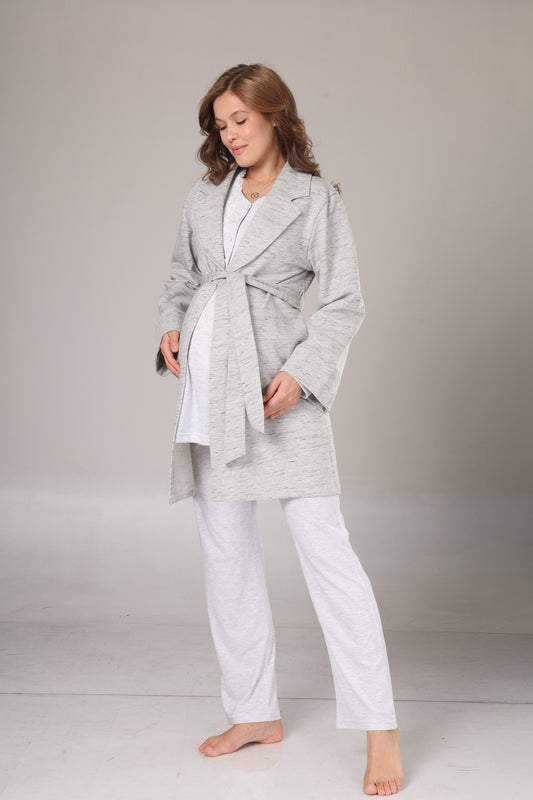 Kışlık Sabahlıklı Lohusa Pijama Takımı Gri Melanj - 1004