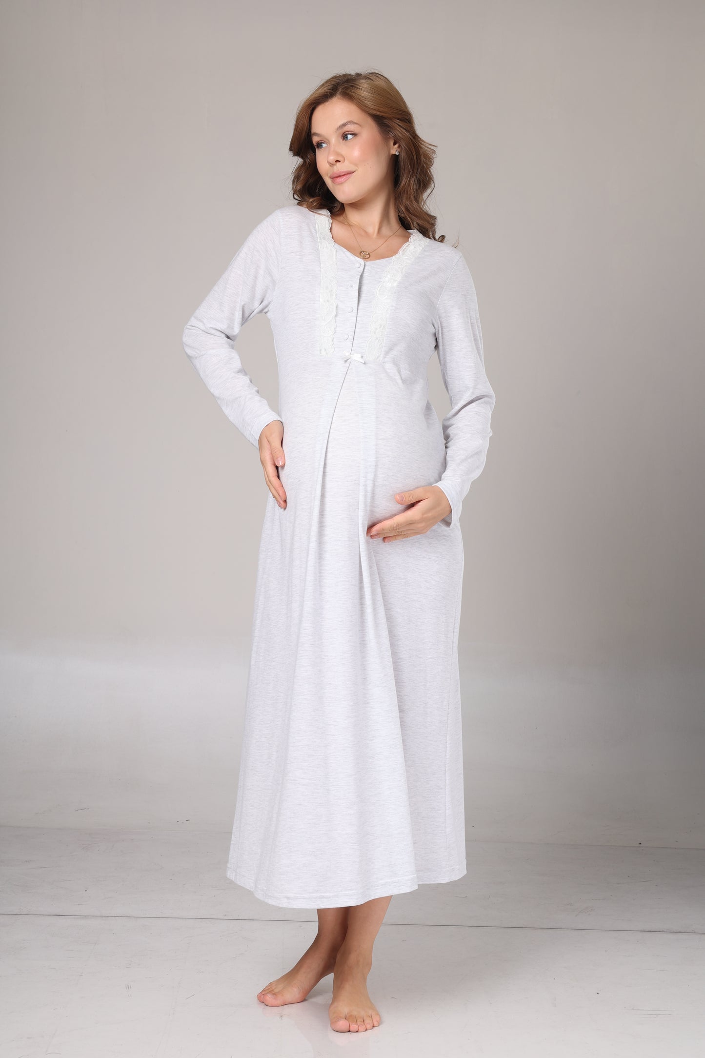 Kışlık Triko Sabahlıklı Emzirme Bölmeli Gecelik Takımı Gri - 1021