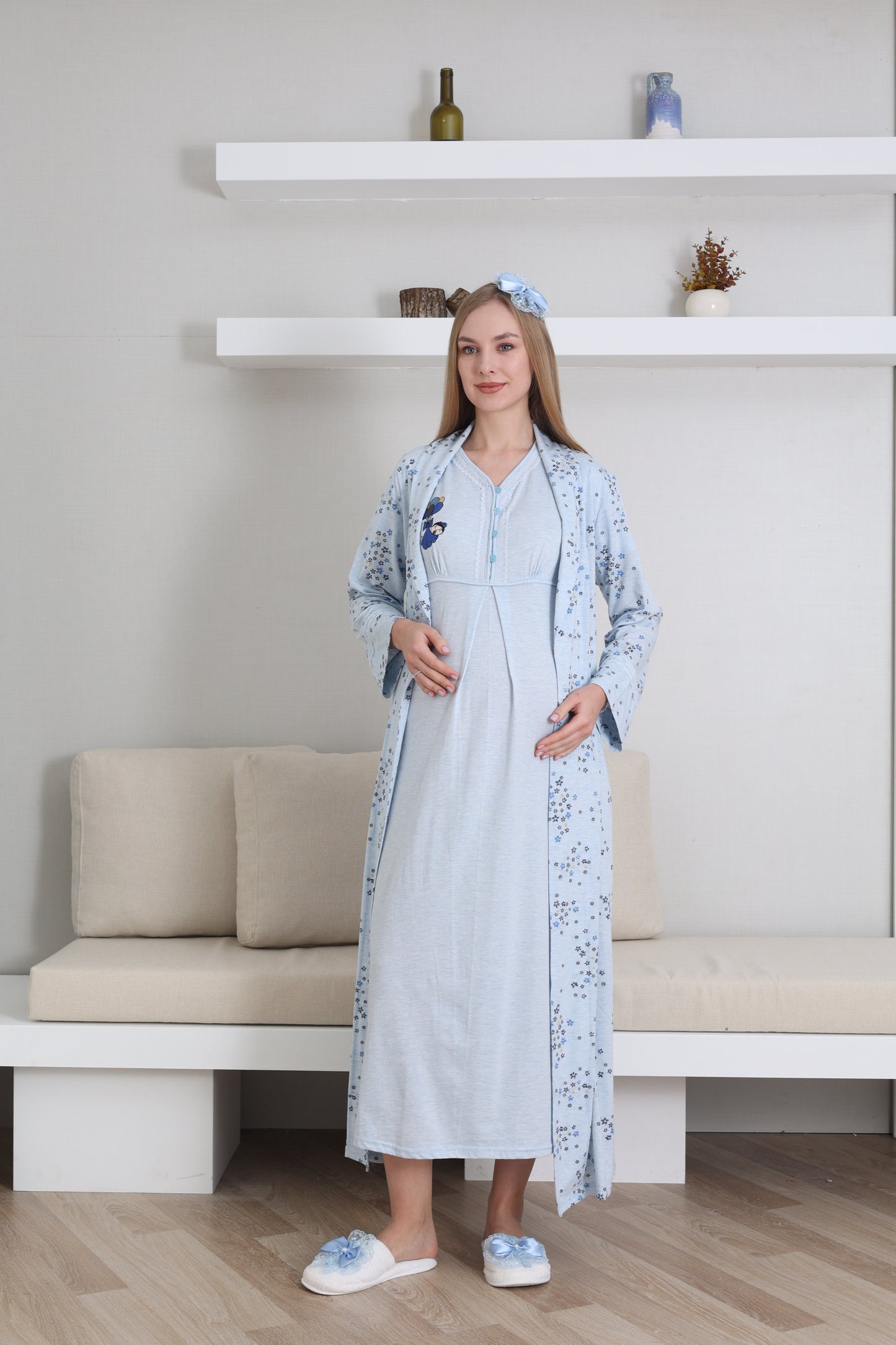 Bebek Baskılı Çiçek Desen Sabahlıklı Lohusa Gecelik Takımı - 2289
