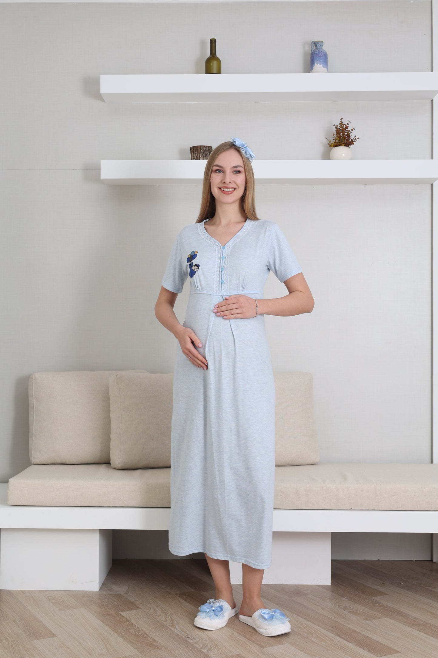 Bebek Baskılı Çiçek Desen Sabahlıklı Lohusa Gecelik Takımı - 2289