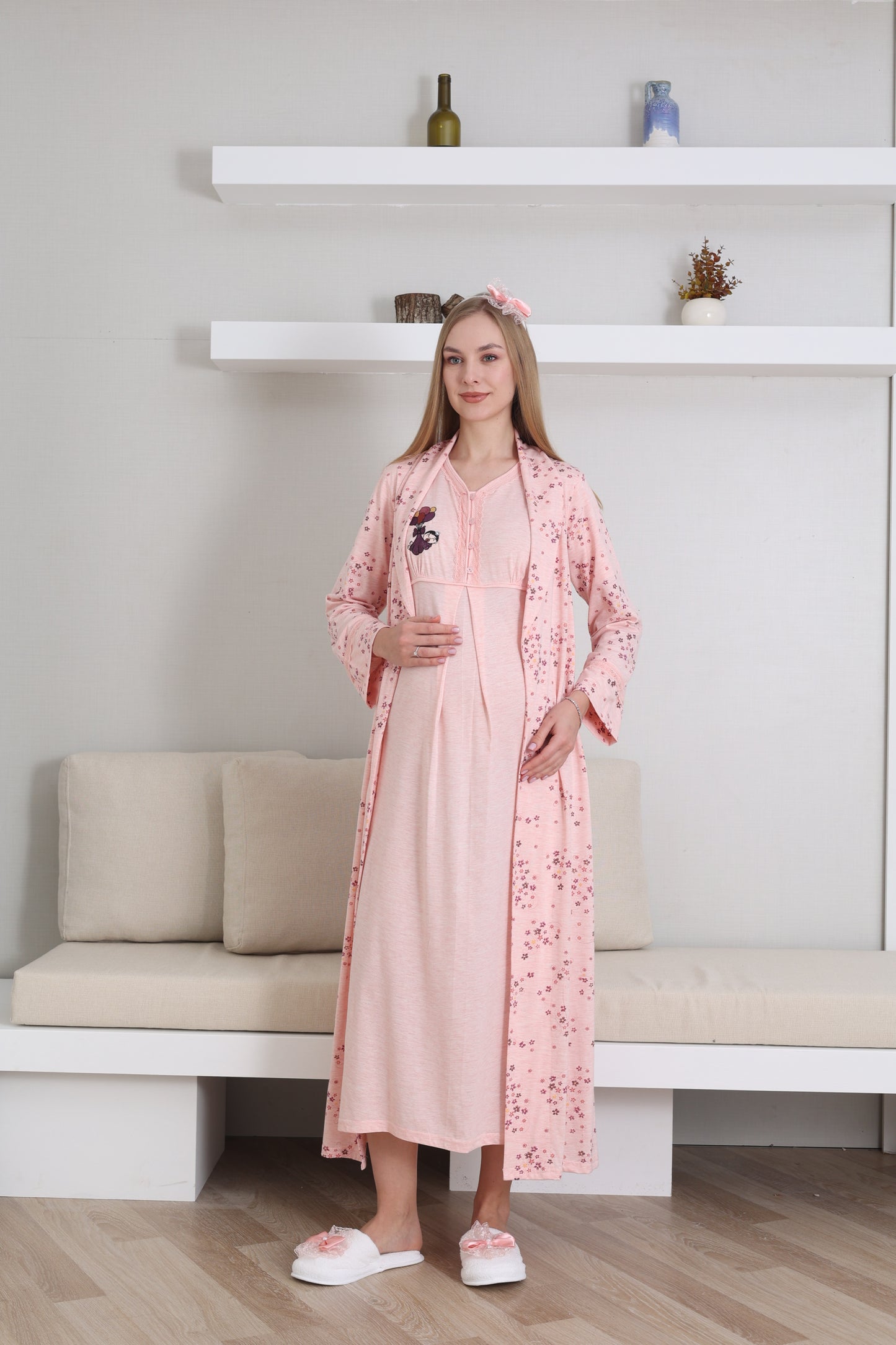 Bebek Baskılı Çiçek Desen Sabahlıklı Lohusa Gecelik Takımı - 2289