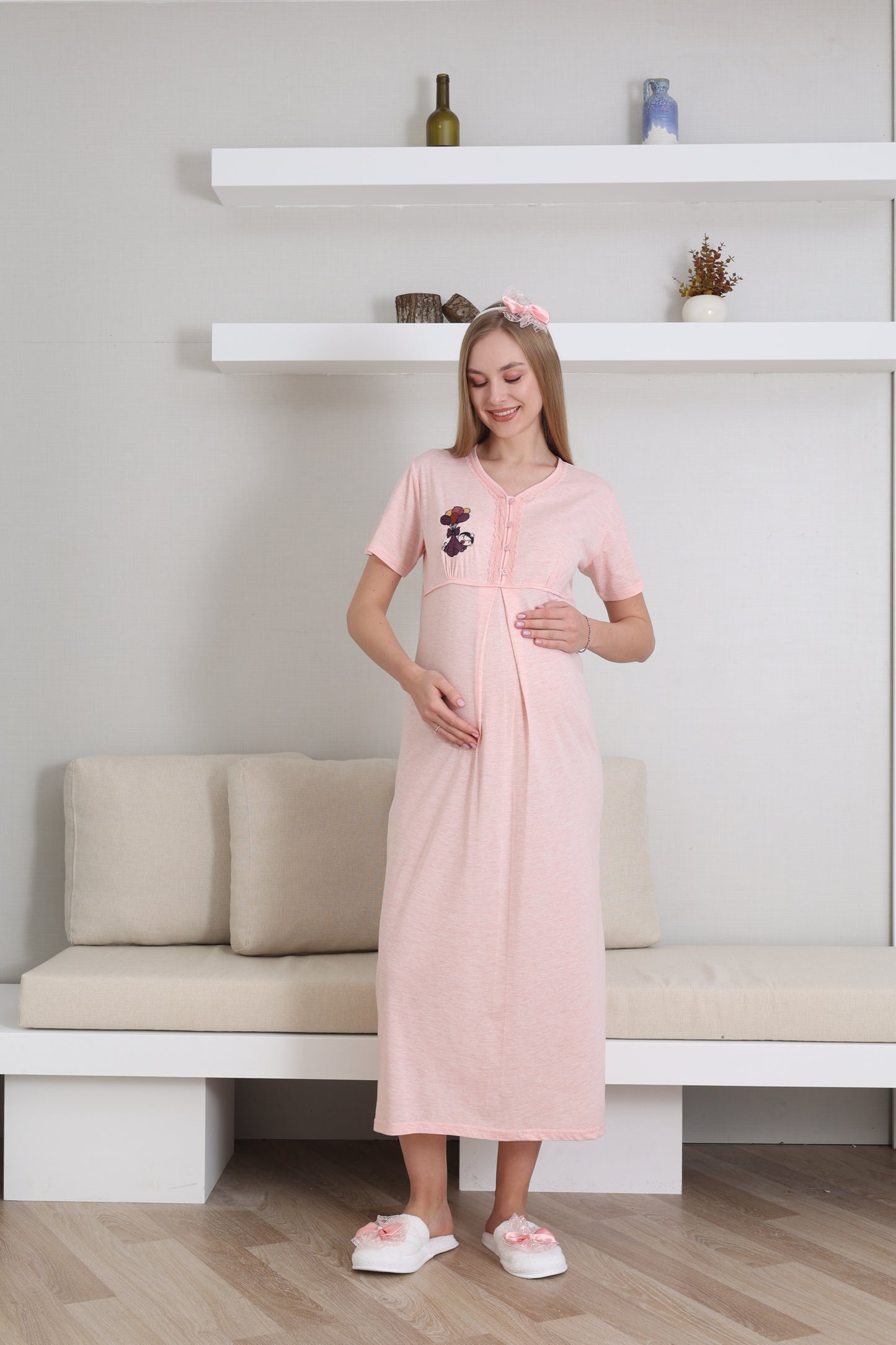 Bebek Baskılı Çiçek Desen Sabahlıklı Lohusa Gecelik Takımı - 2289