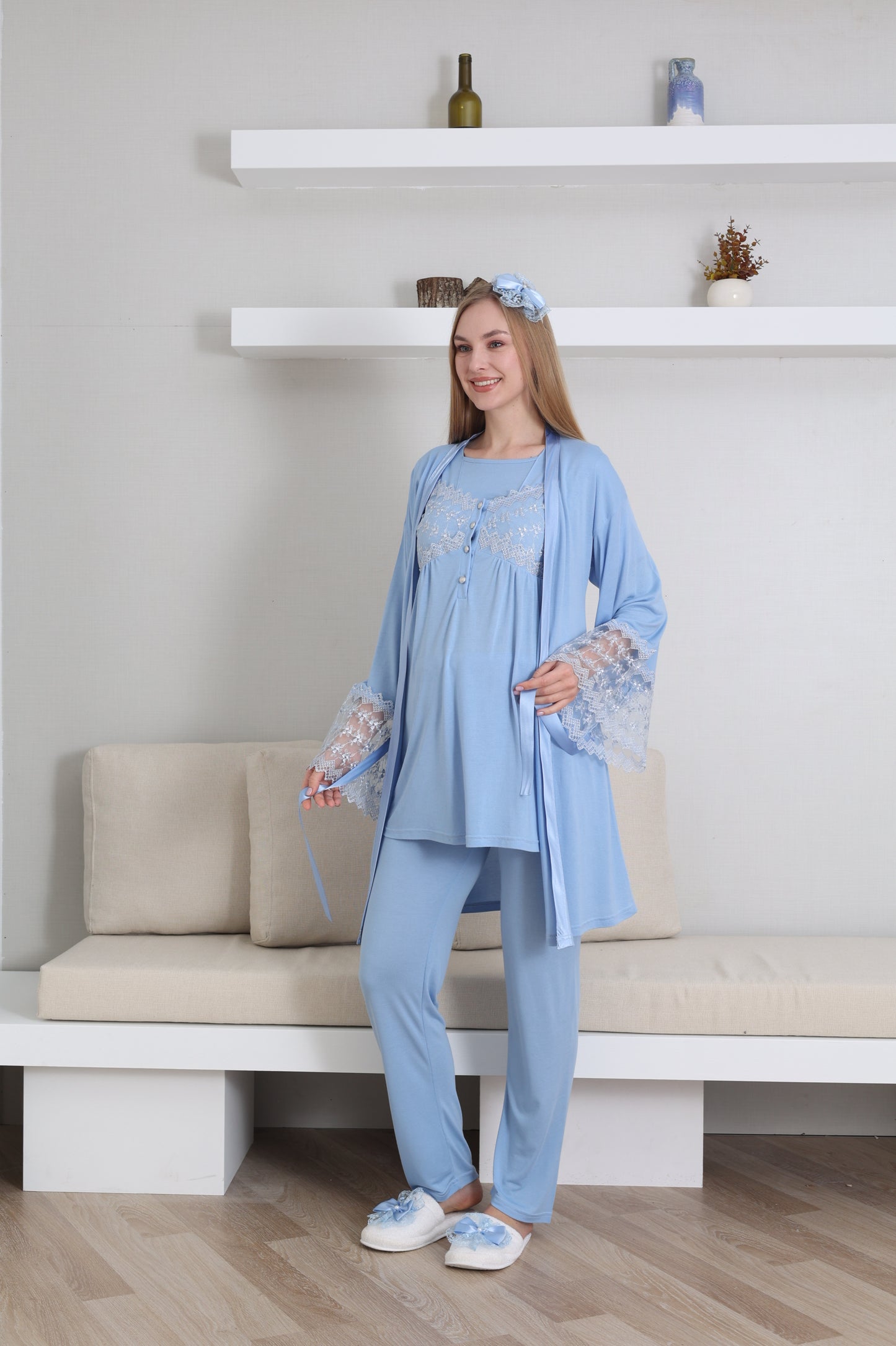 Volan Kol Sabahlıklı Lohusa Pijama Takımı - 3431