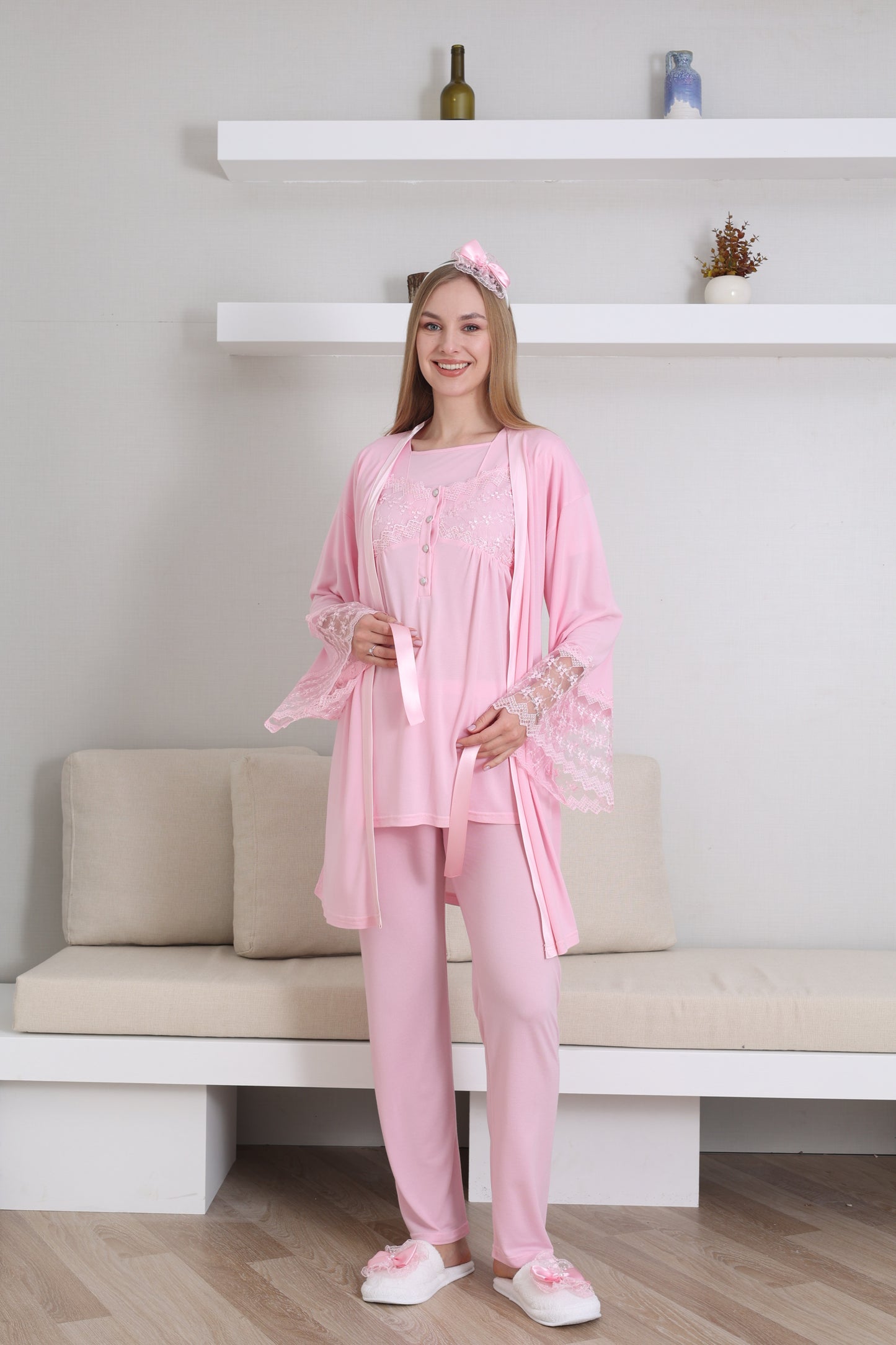 Volan Kol Sabahlıklı Lohusa Pijama Takımı - 3431