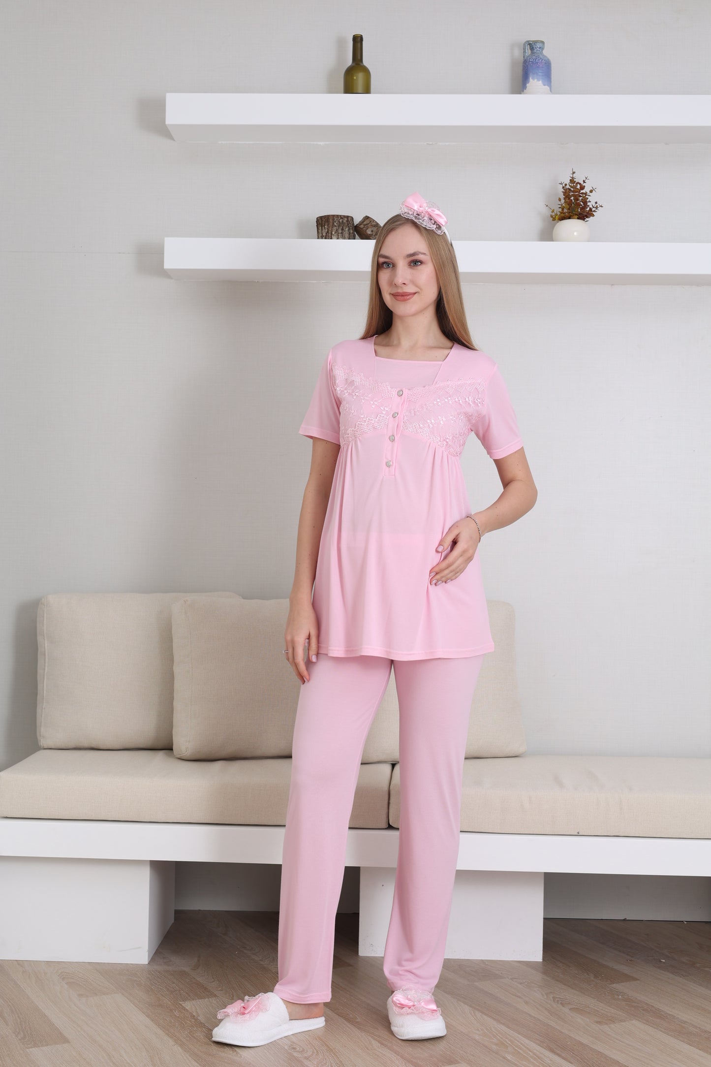 Volan Kol Sabahlıklı Lohusa Pijama Takımı - 3431
