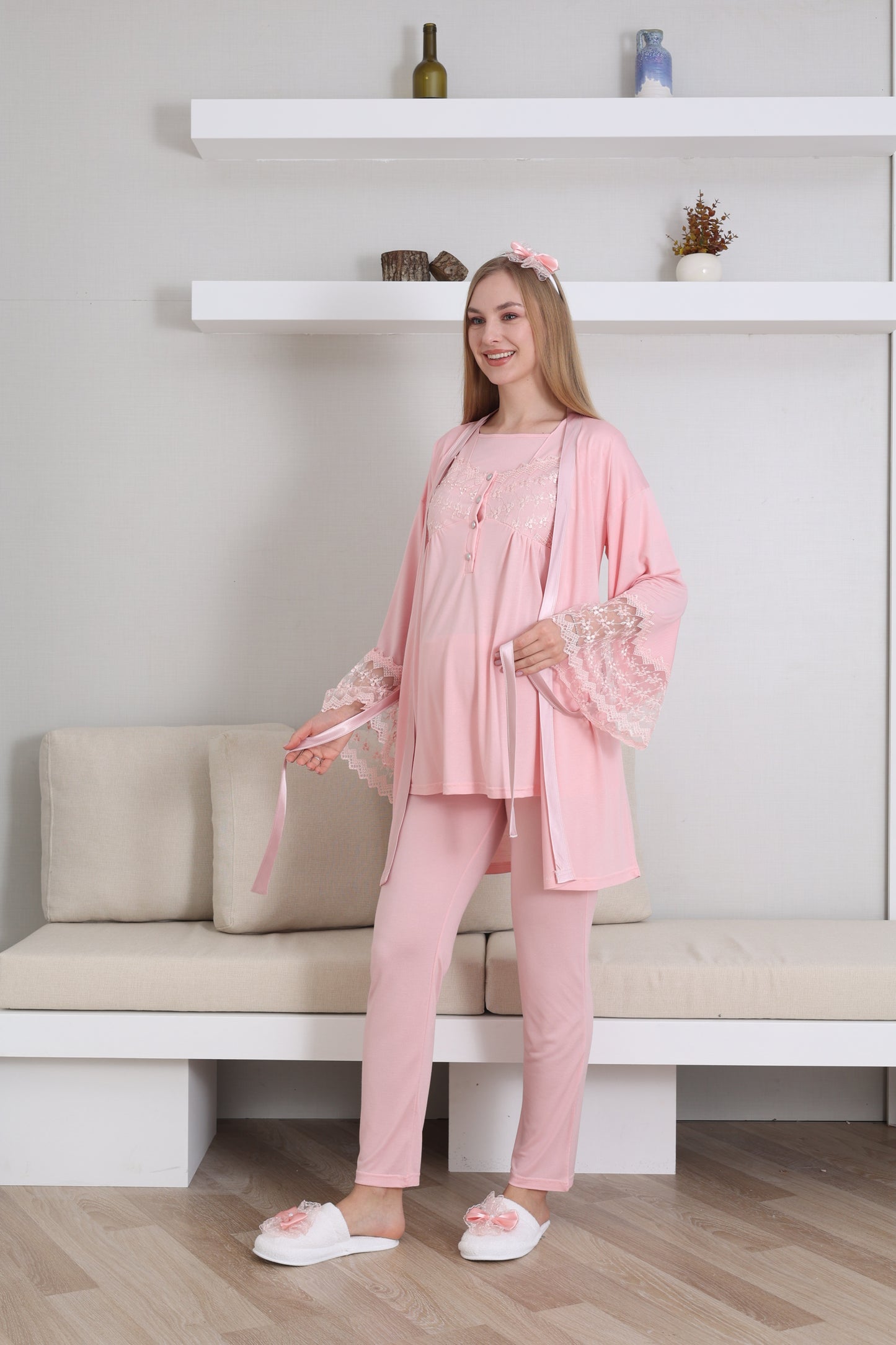 Volan Kol Sabahlıklı Lohusa Pijama Takımı - 3431