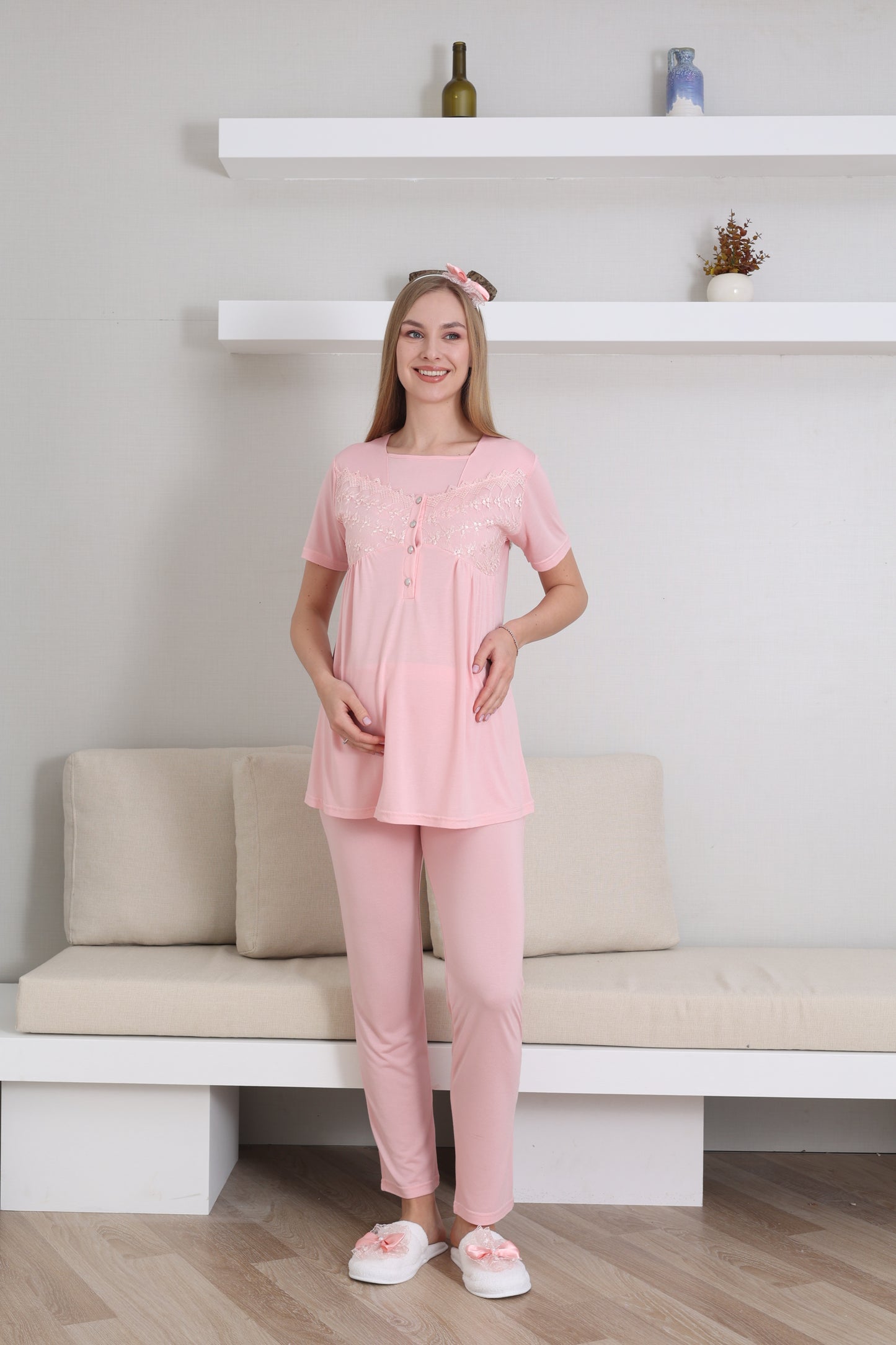 Volan Kol Sabahlıklı Lohusa Pijama Takımı - 3431