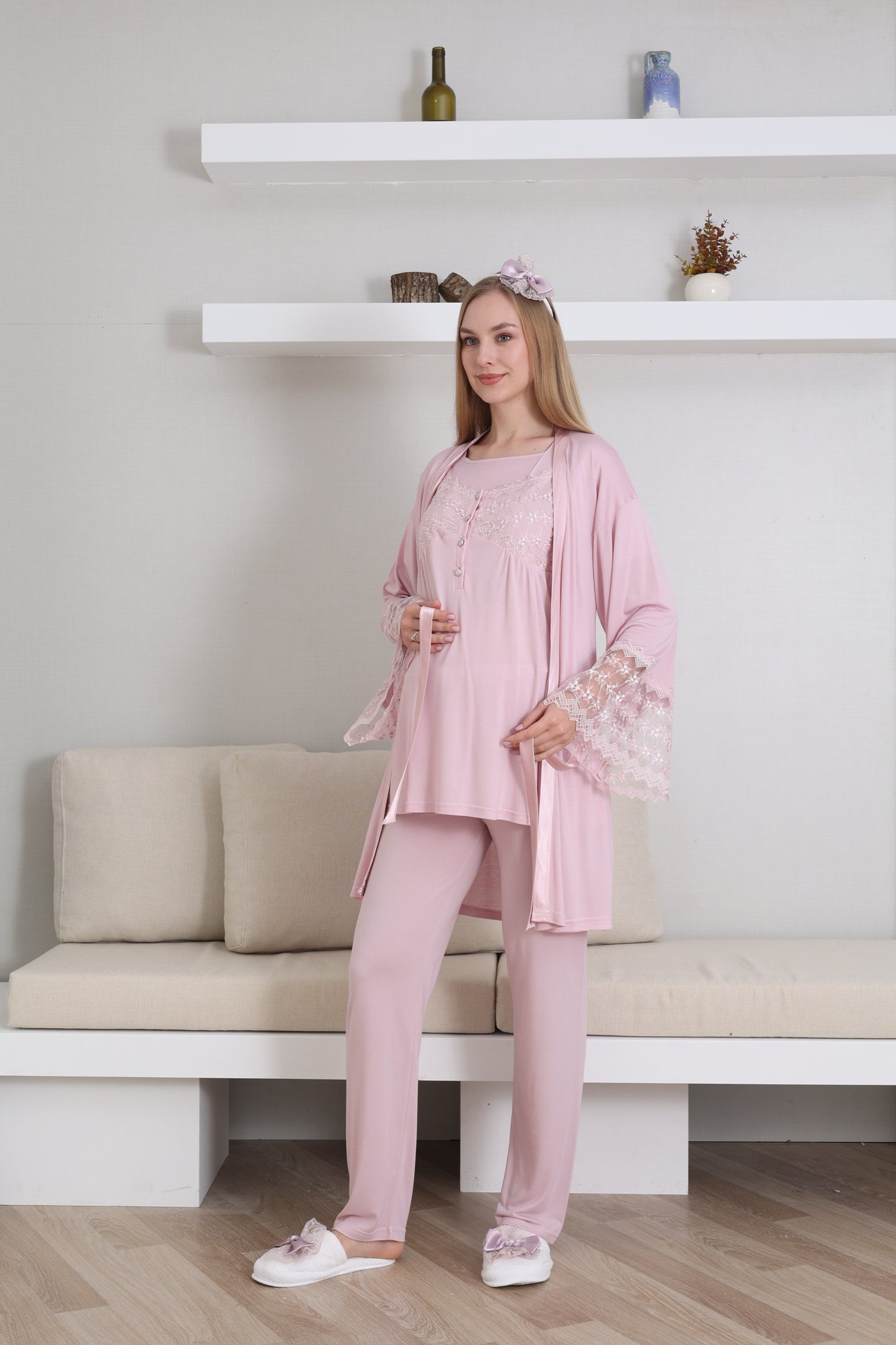Volan Kol Sabahlıklı Lohusa Pijama Takımı - 3431