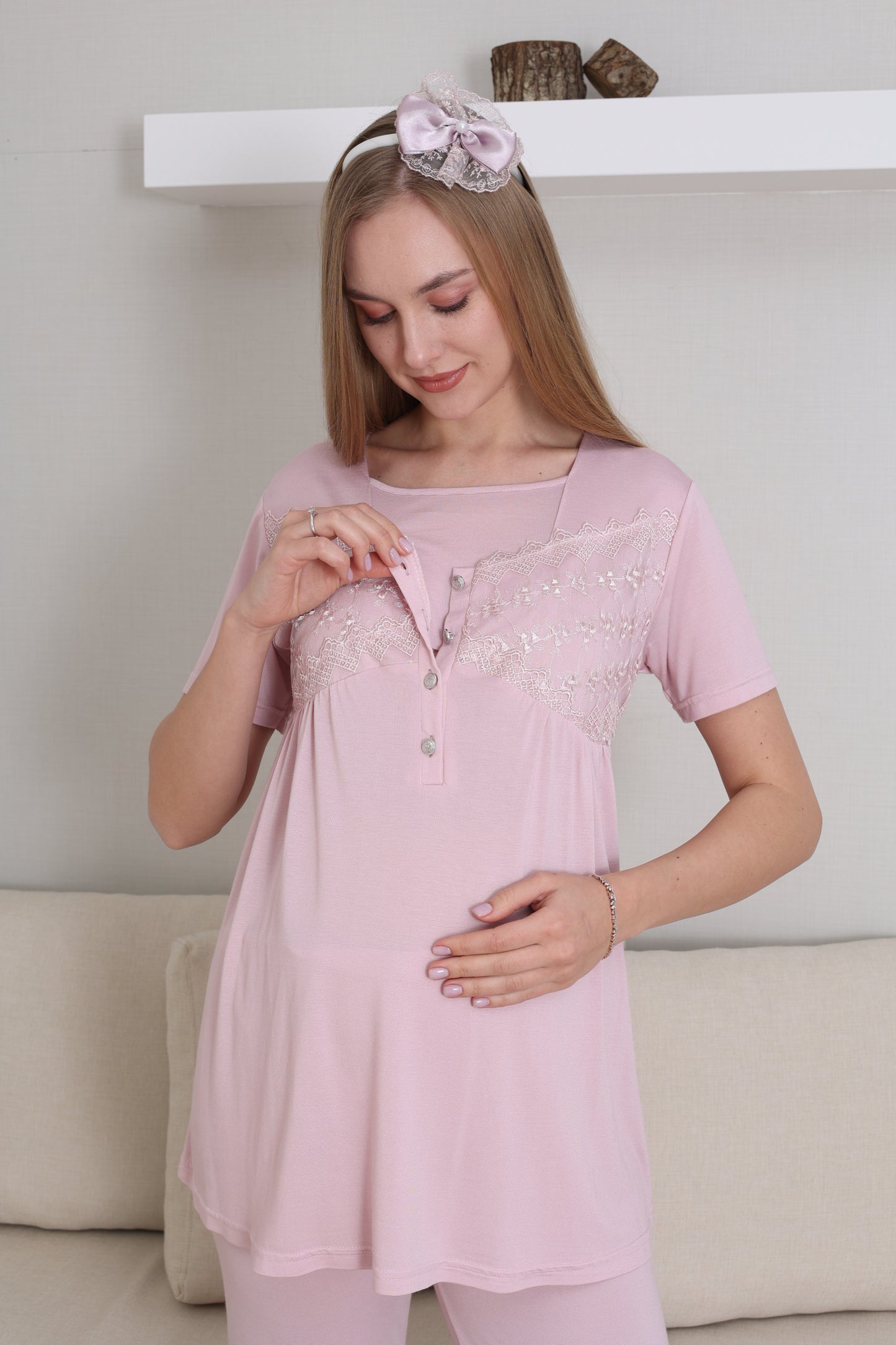 Volan Kol Sabahlıklı Lohusa Pijama Takımı - 3431
