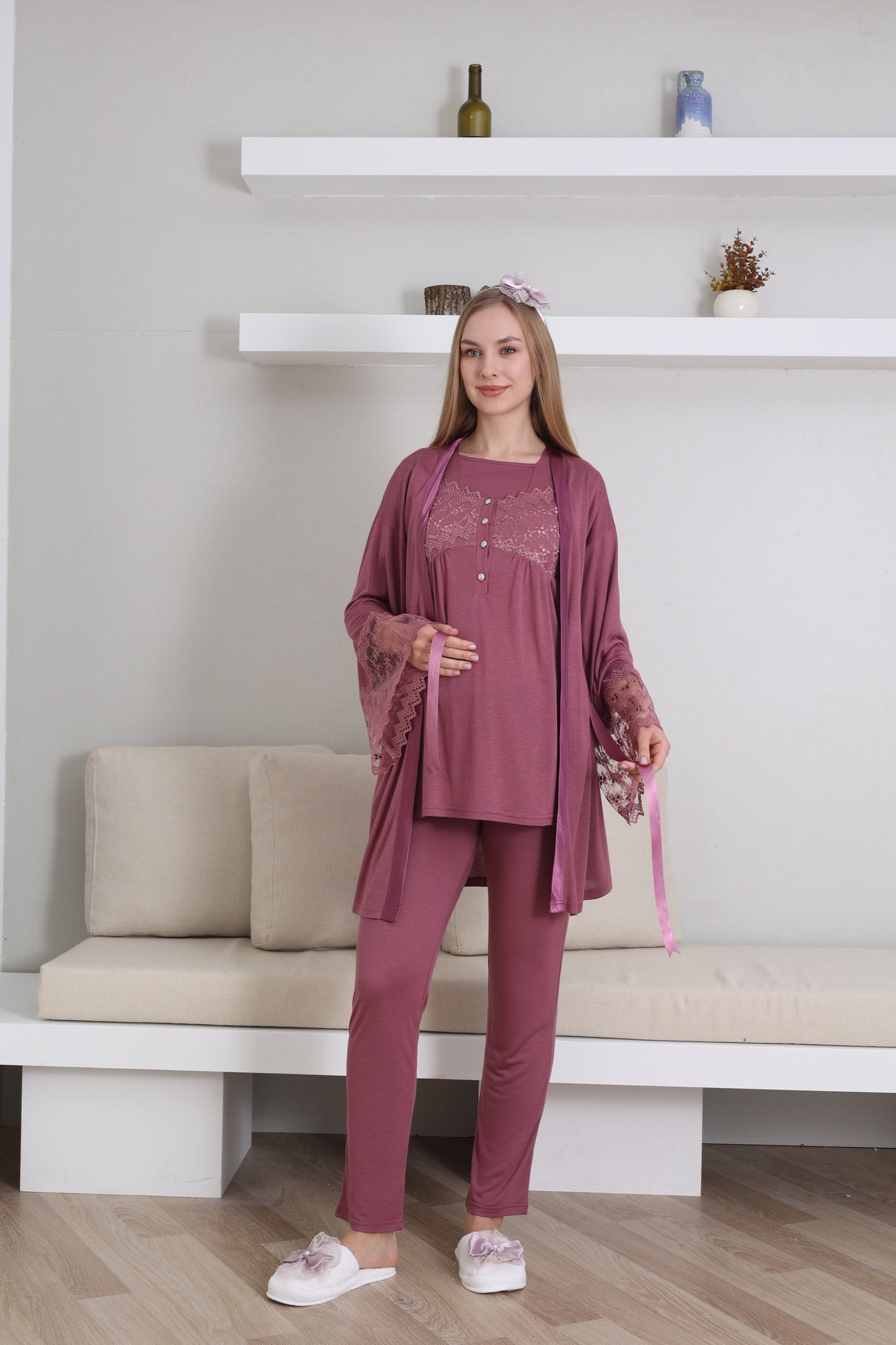 Volan Kol Sabahlıklı Lohusa Pijama Takımı - 3431