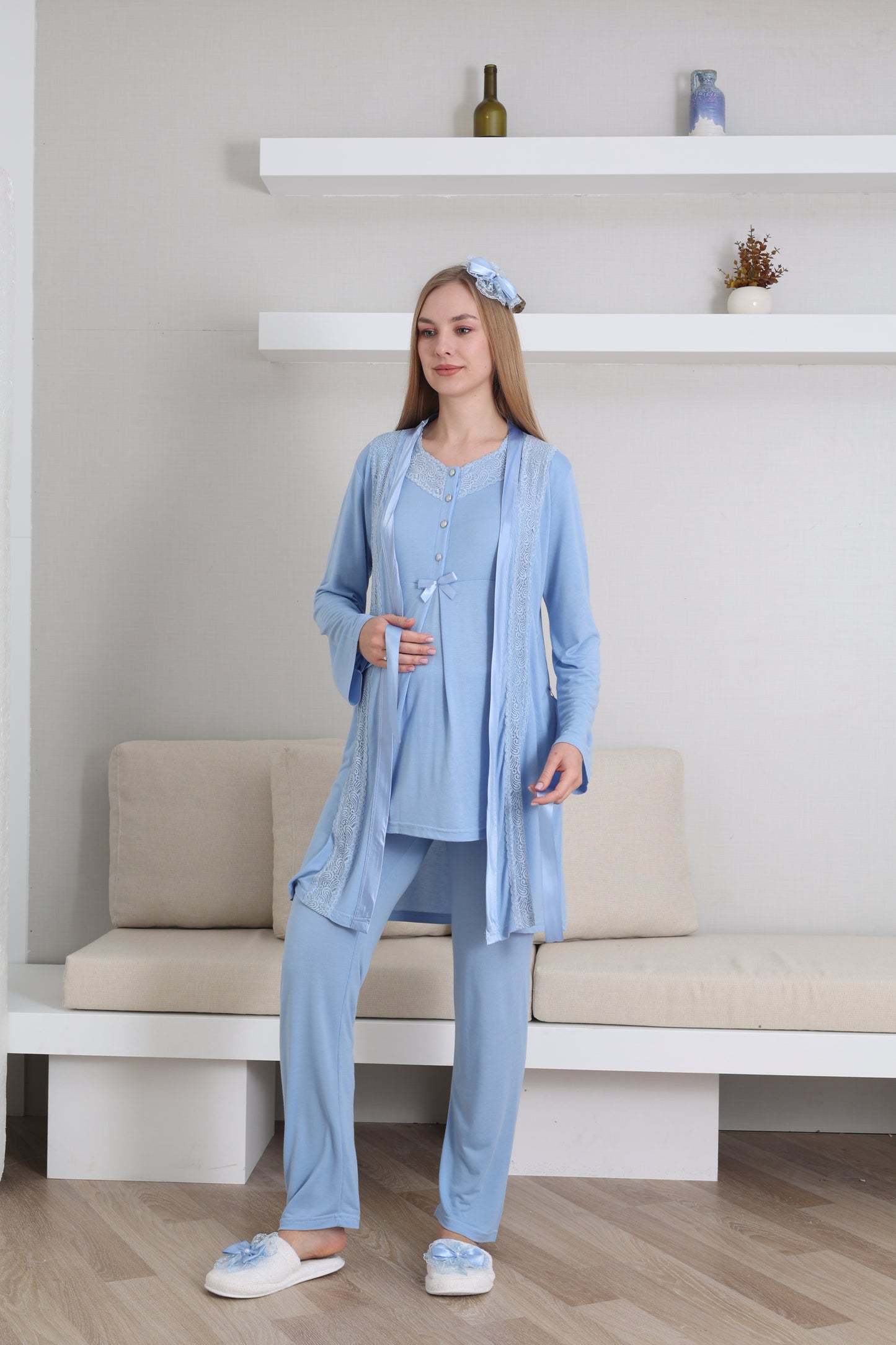 V Yaka Sabahlıklı Lohusa Pijama Takımı - 3435