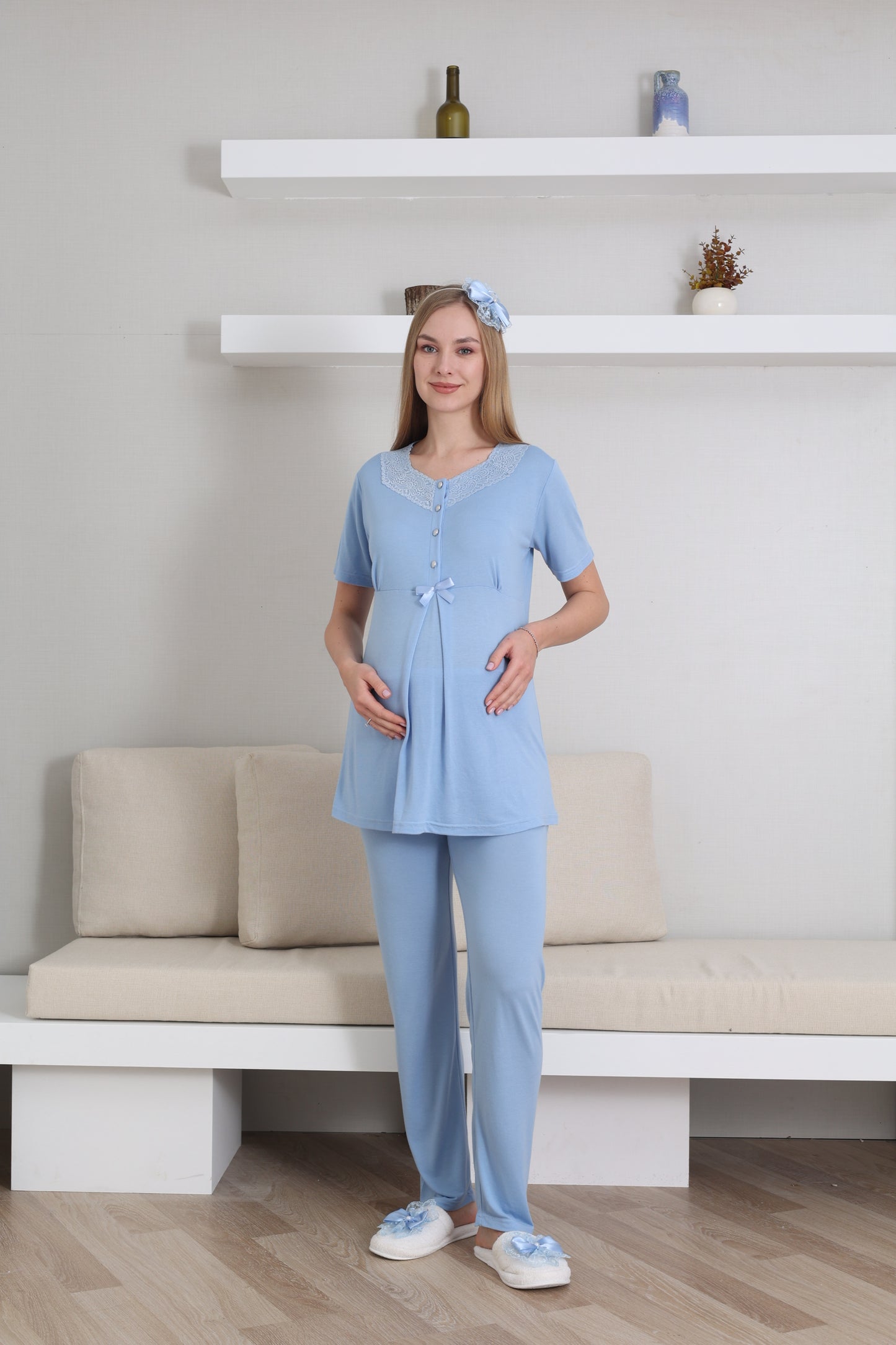 V Yaka Sabahlıklı Lohusa Pijama Takımı - 3435